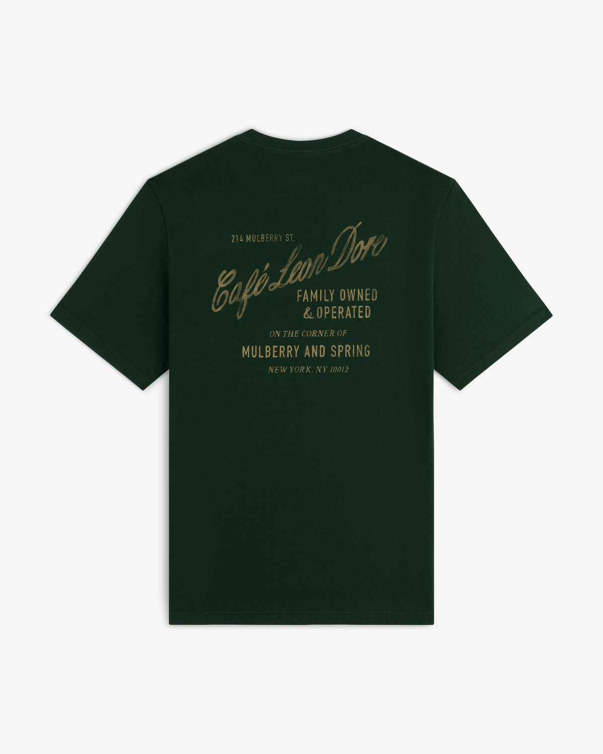 Café Leon Dore Mulberry Tee in dark green with gold “Family Owned & Operated” script on the back.