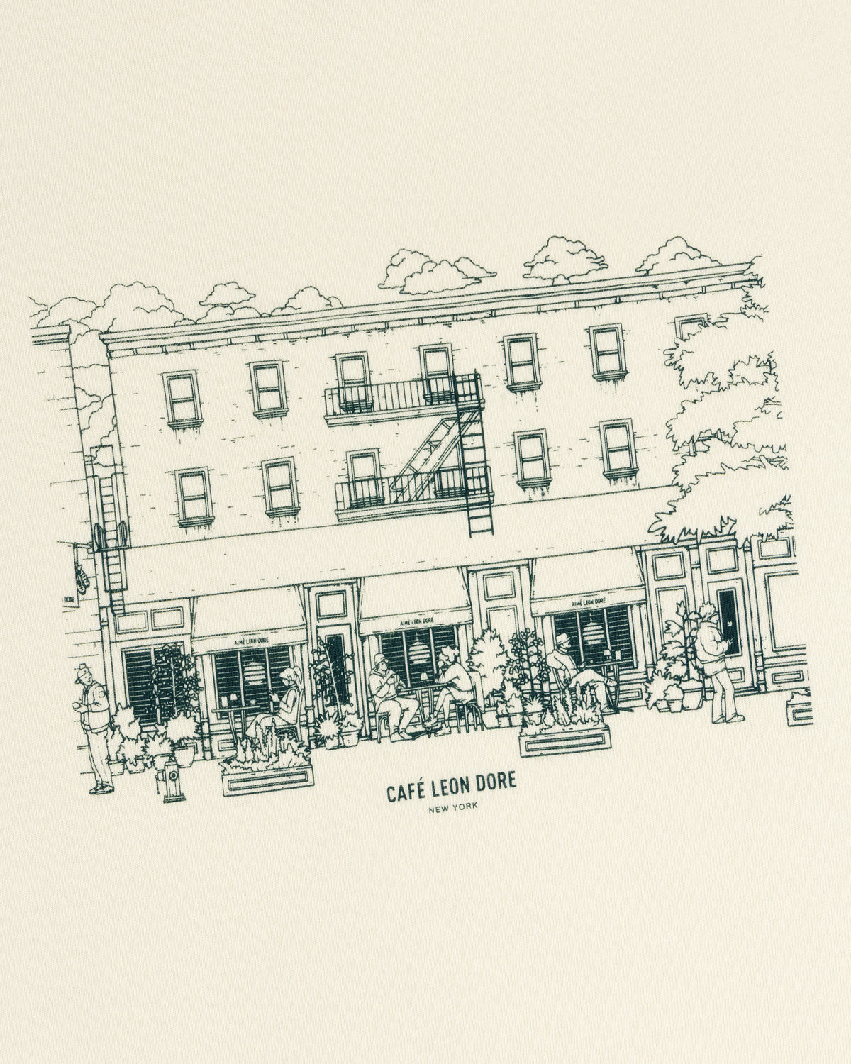 Line art of Café Leon Dore, NYC, with outdoor diners, features on the Café Leon Dore Storefront Tee.