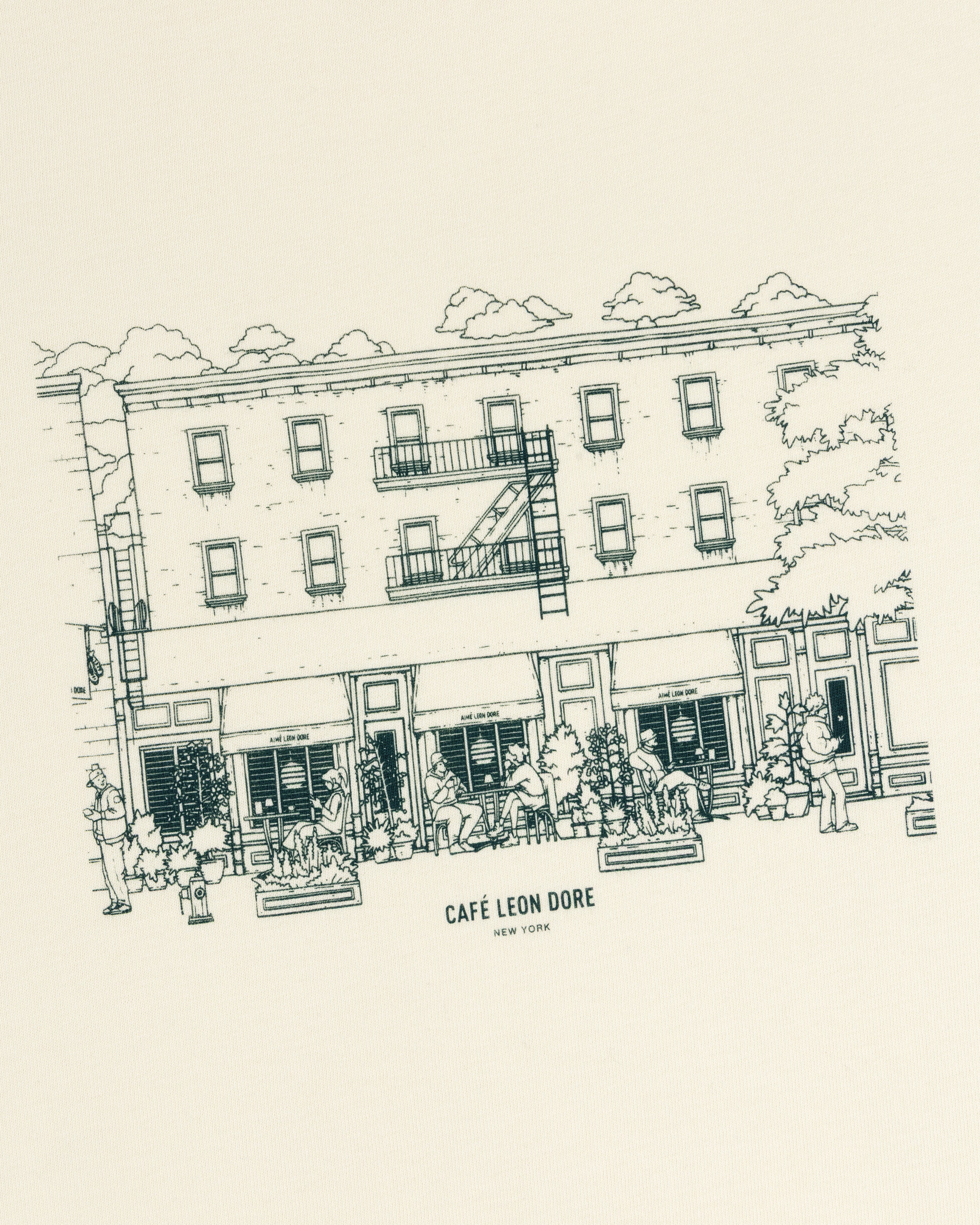 Line art of Café Leon Dore, NYC, with outdoor diners, features on the Café Leon Dore Storefront Tee.