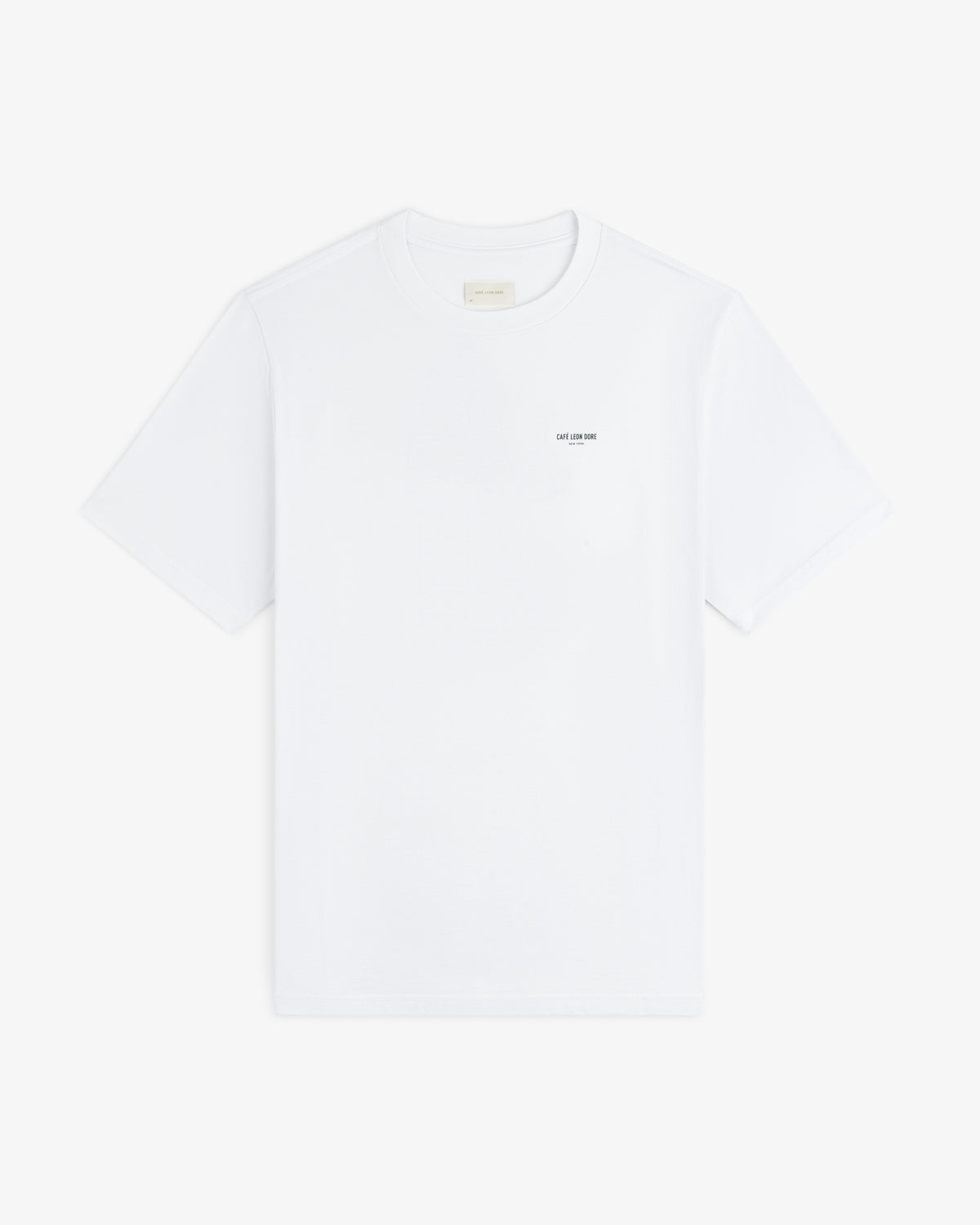 Café Leon Dore Caricature Tee: white short-sleeve shirt with small text on the left chest.