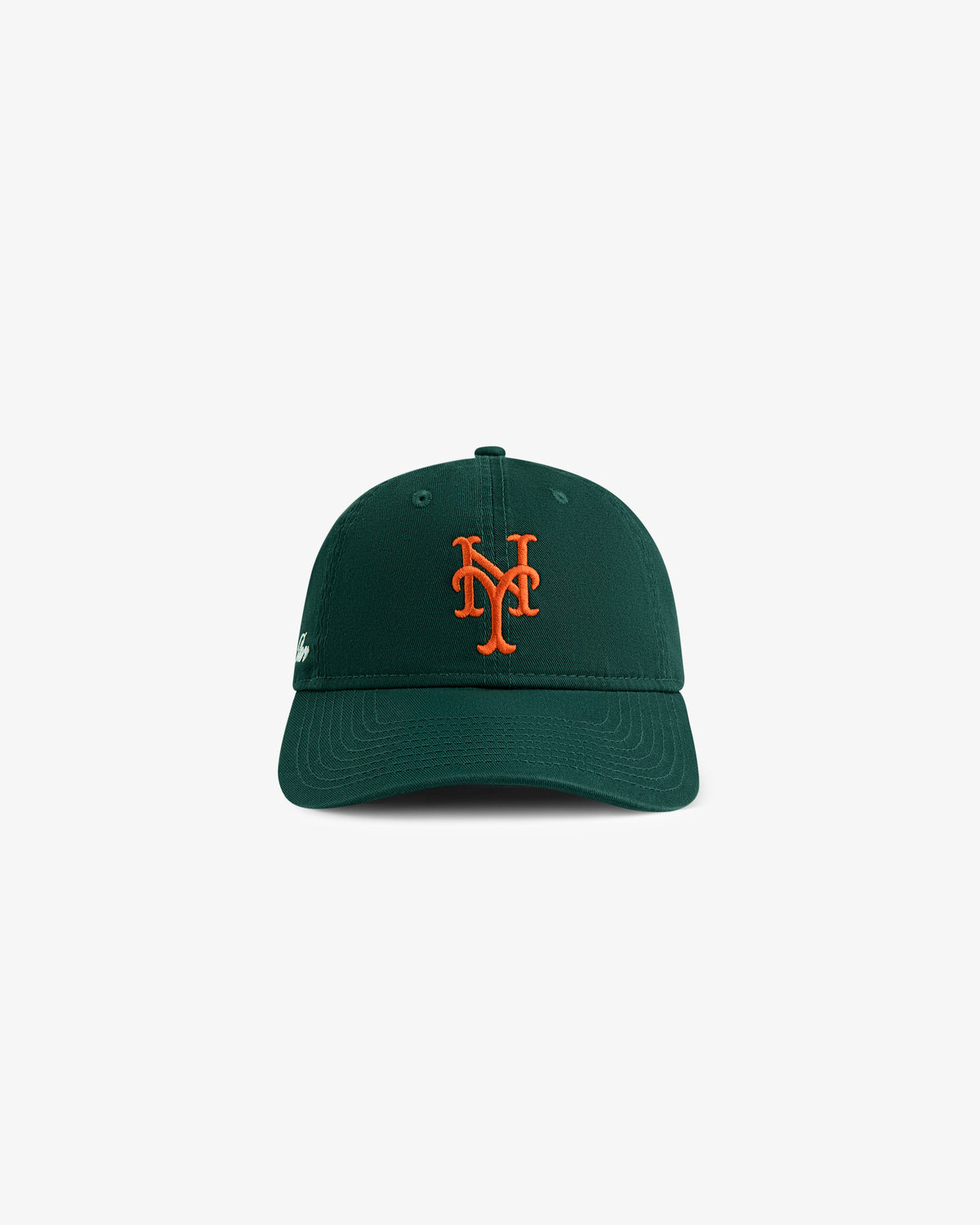 ALD/New Era Mets Ballpark Hat in dark green with orange NY logo, shown on a white background.