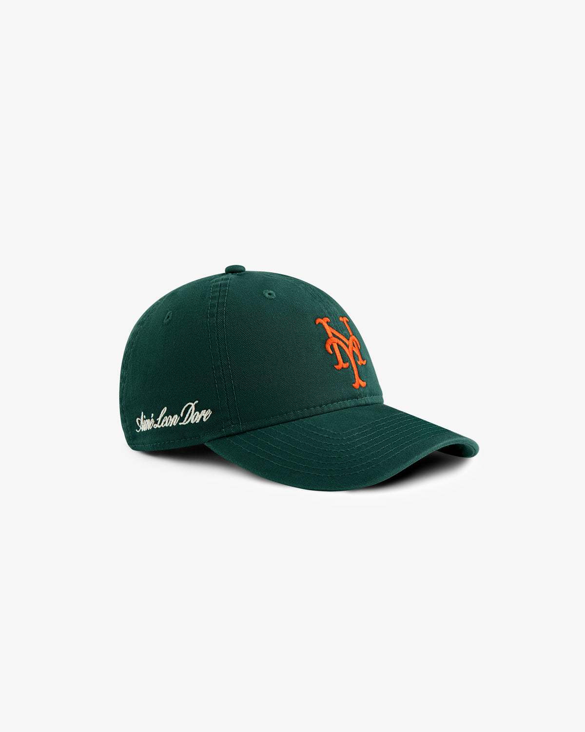 ALD/New Era Mets Ballpark Hat: dark green with orange NY logo front and white script side, on a white background.