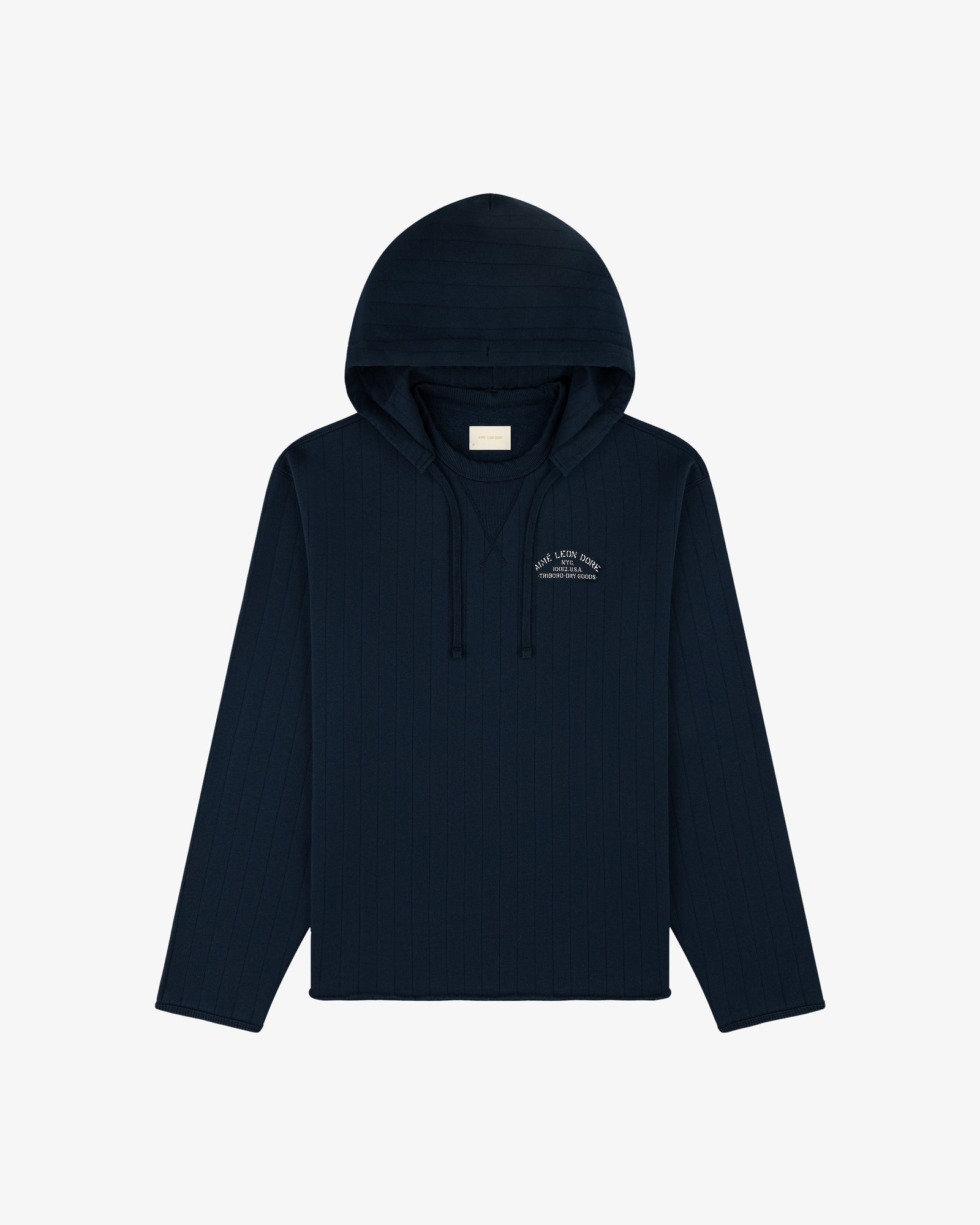 Drop Needle Surplus Hoodie in navy, ribbed, long-sleeve with chest logo and drawstrings, shown flat on white background.