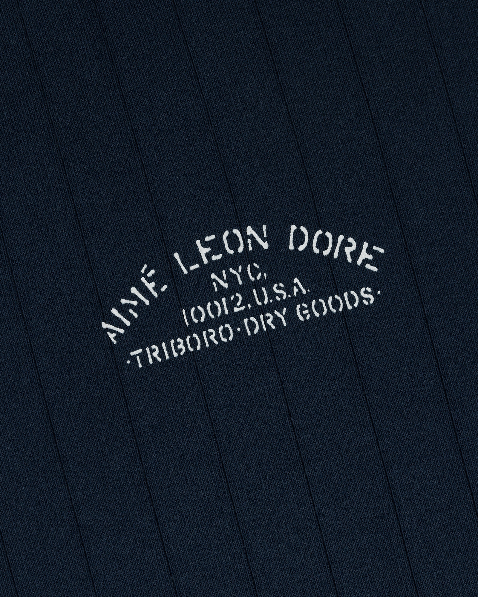 Close-up of navy Drop Needle Surplus Hoodie with white stencil text: Aime Leon Dore NYC 10012 U.S.A. Triboro Dry Goods.