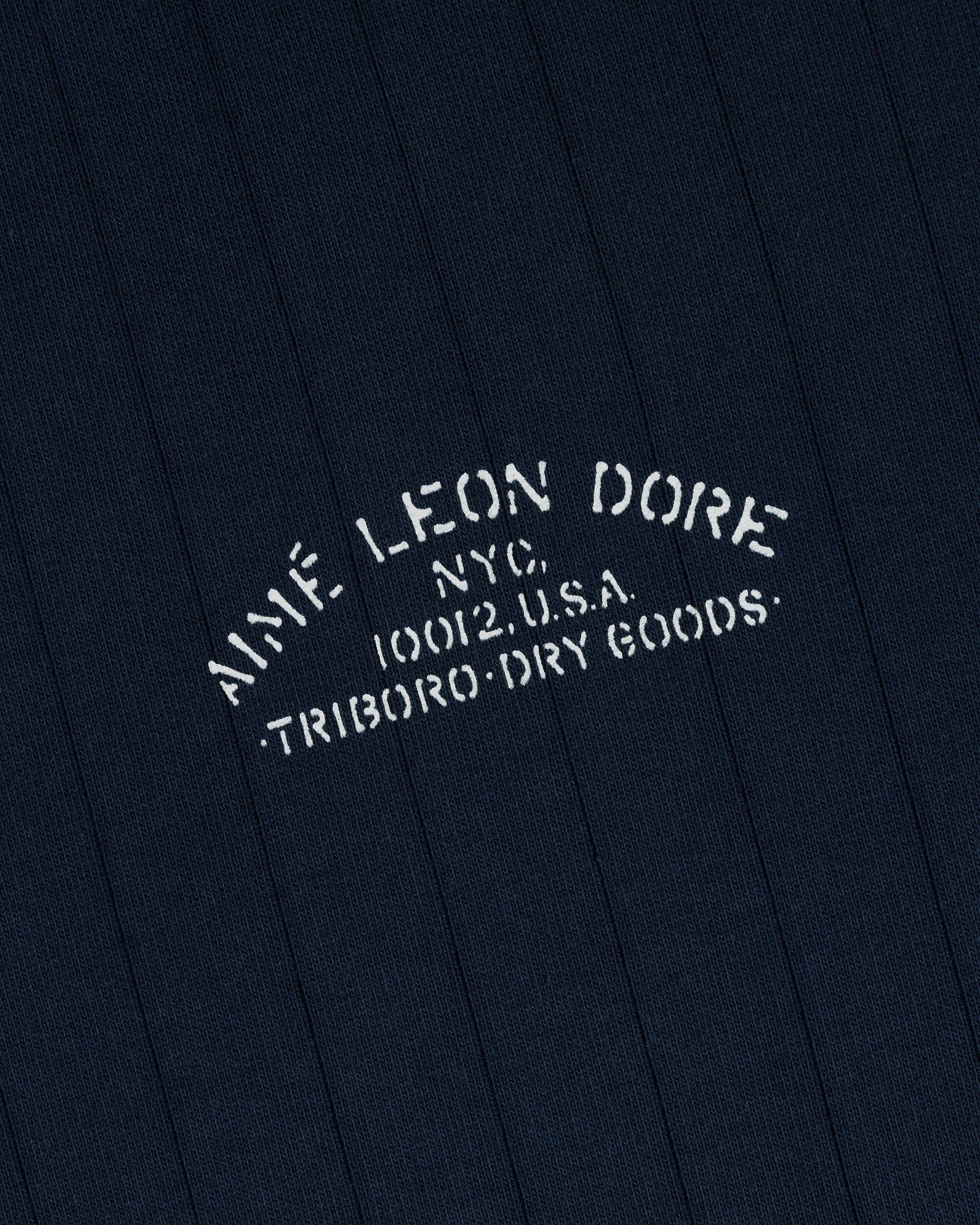 Close-up of navy Drop Needle Surplus Hoodie with white stencil text: Aime Leon Dore NYC 10012 U.S.A. Triboro Dry Goods.