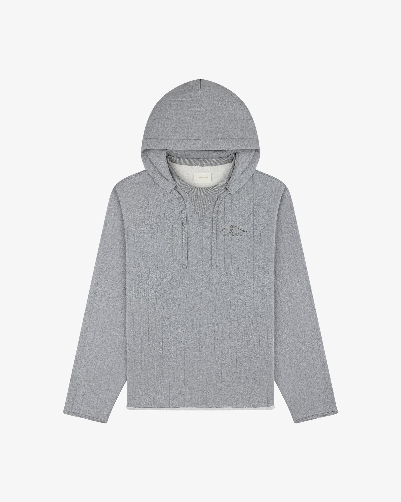 Drop Needle Surplus Hoodie in light gray with ribbed texture, front pocket, and drawstrings on a white background.