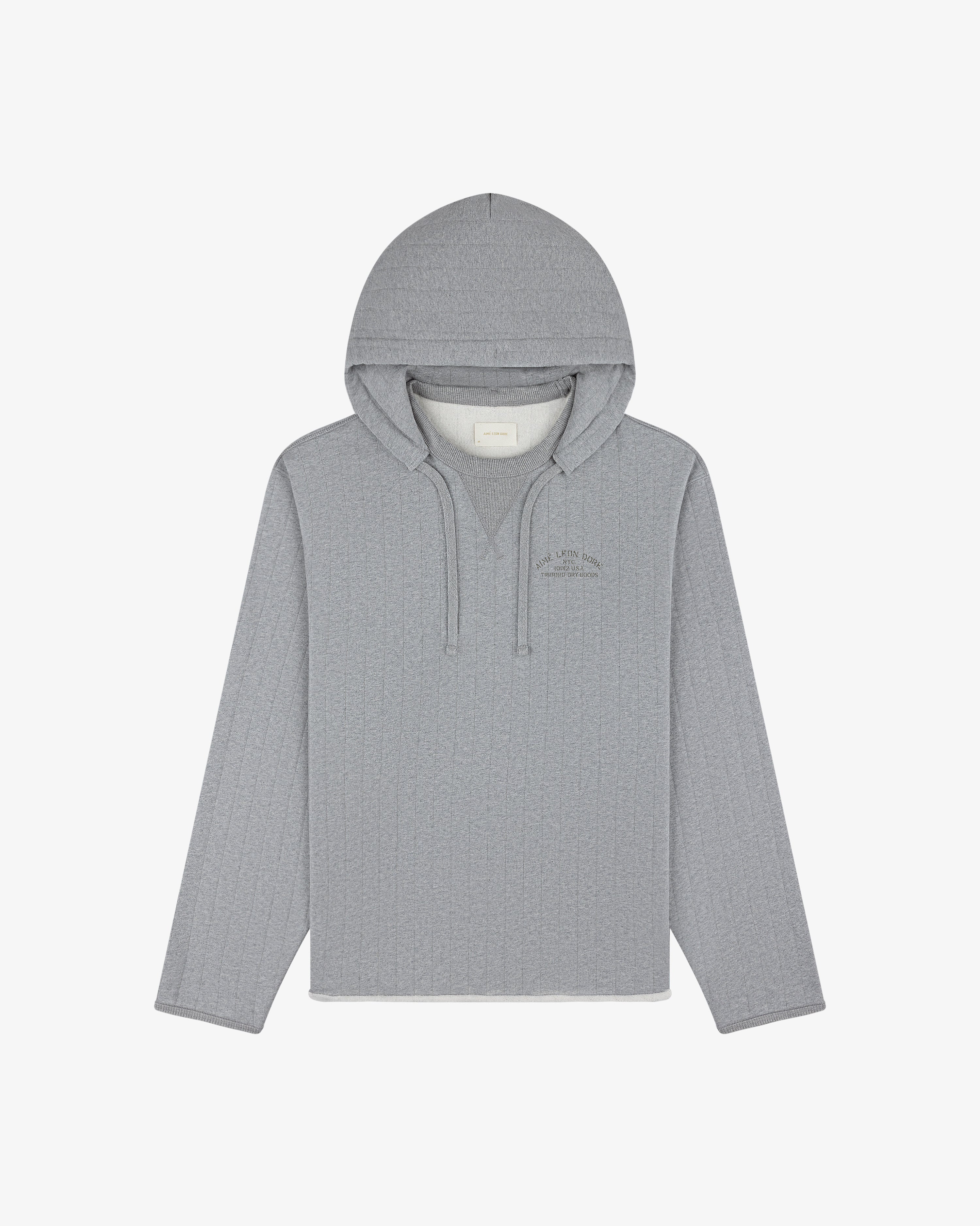 Drop Needle Surplus Hoodie in light gray with ribbed texture, front pocket, and drawstrings on a white background.
