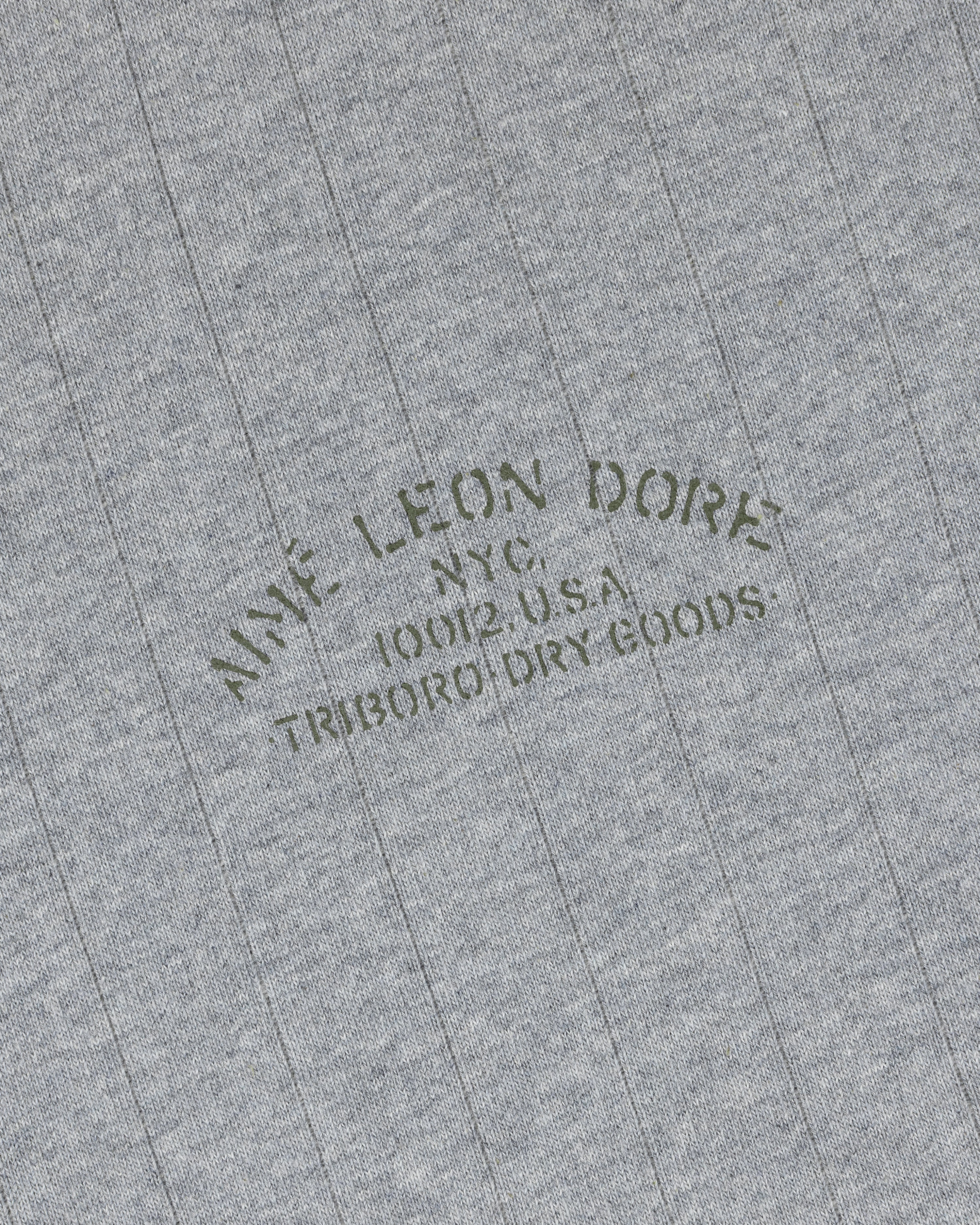 Gray Drop Needle Surplus Hoodie with thin stripes and AIMÉ LEON DORE NYC 10018 U.S.A TRIBORO DRY GOODS text.