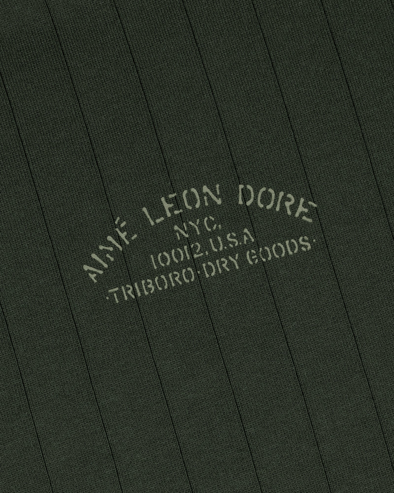 Close-up of ribbed green Drop Needle Surplus Hoodie with white AIMÉ LEON DORE NYC 10012 U.S.A. TRIBORO DRY GOODS print.
