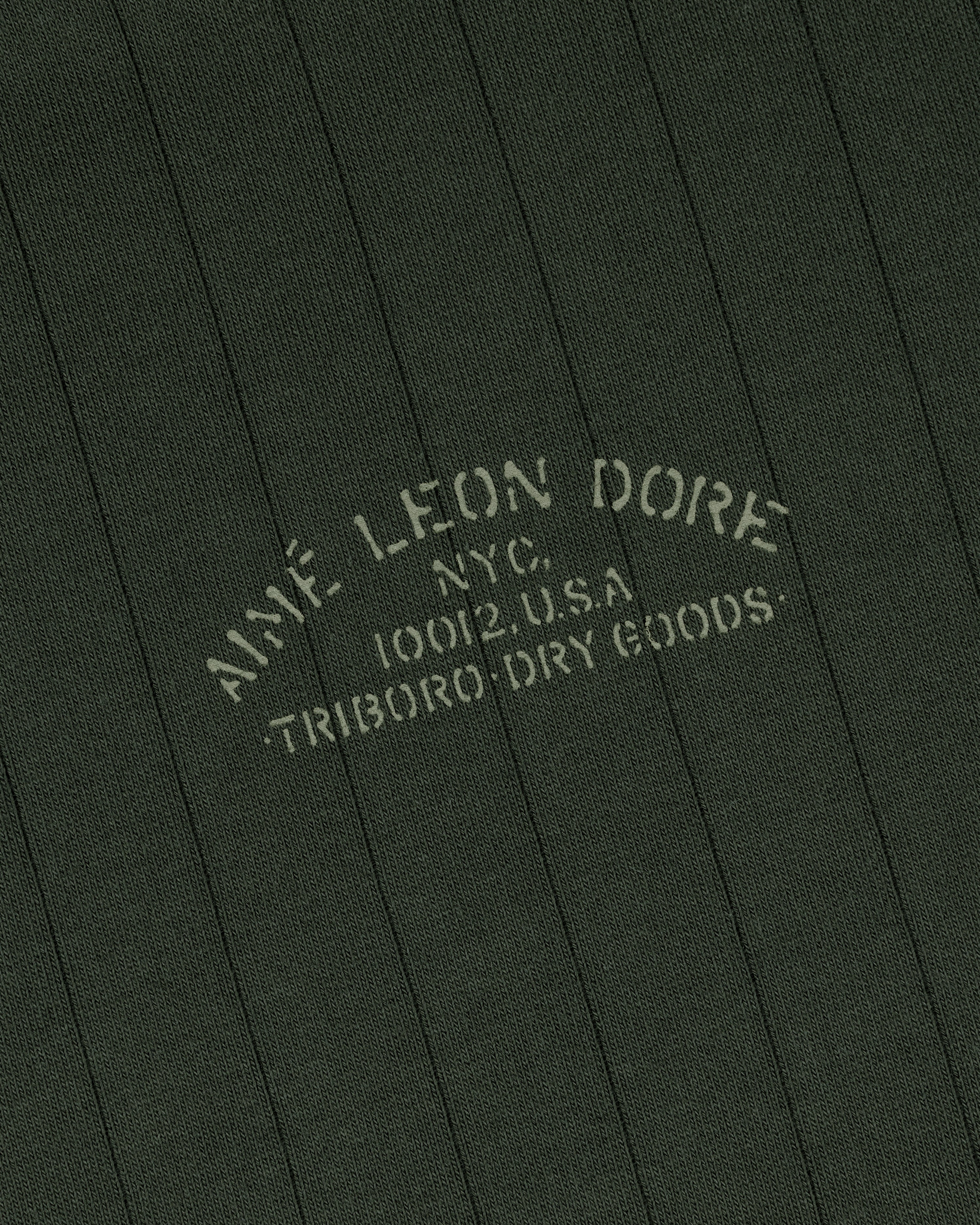 Close-up of ribbed green Drop Needle Surplus Hoodie with white AIMÉ LEON DORE NYC 10012 U.S.A. TRIBORO DRY GOODS print.