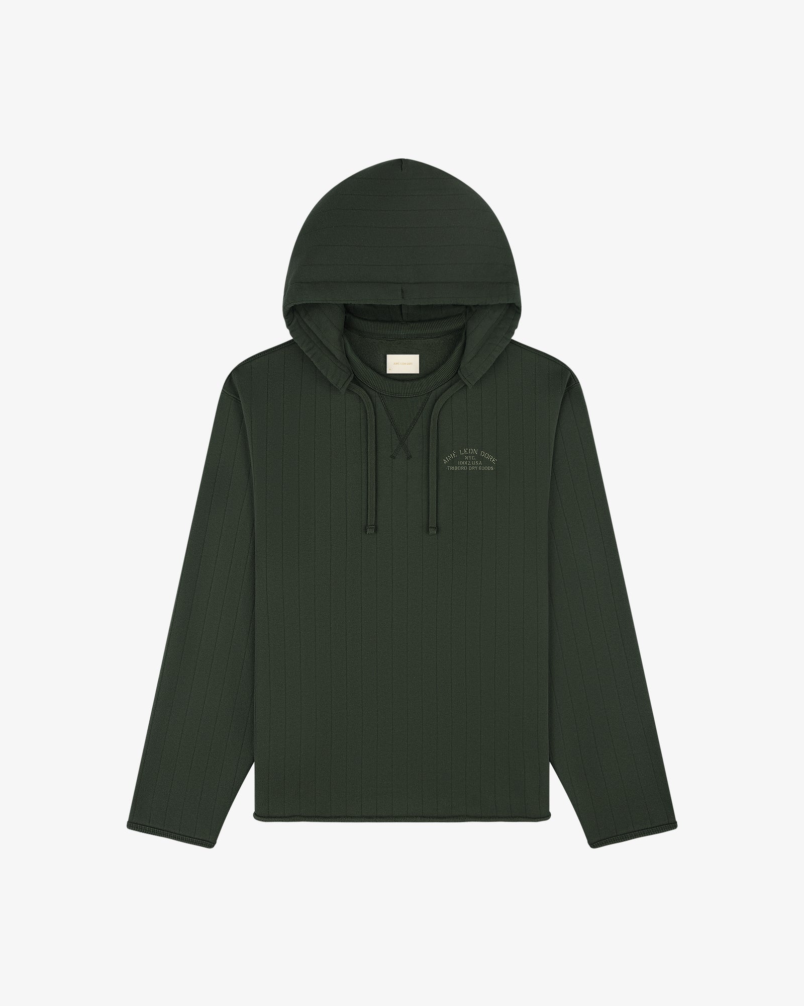 Dark green Drop Needle Surplus Hoodie with subtle vertical stripes, chest text, and long sleeves.