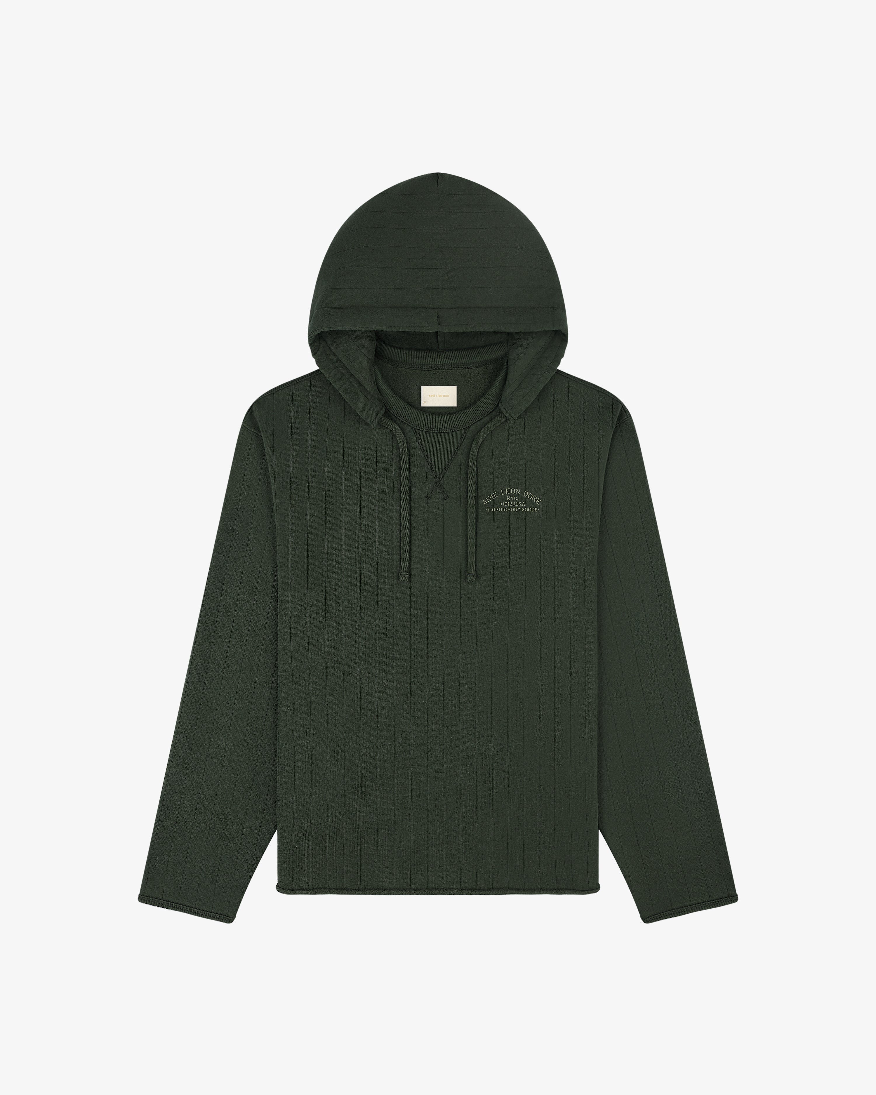 Dark green Drop Needle Surplus Hoodie with subtle vertical stripes, chest text, and long sleeves.