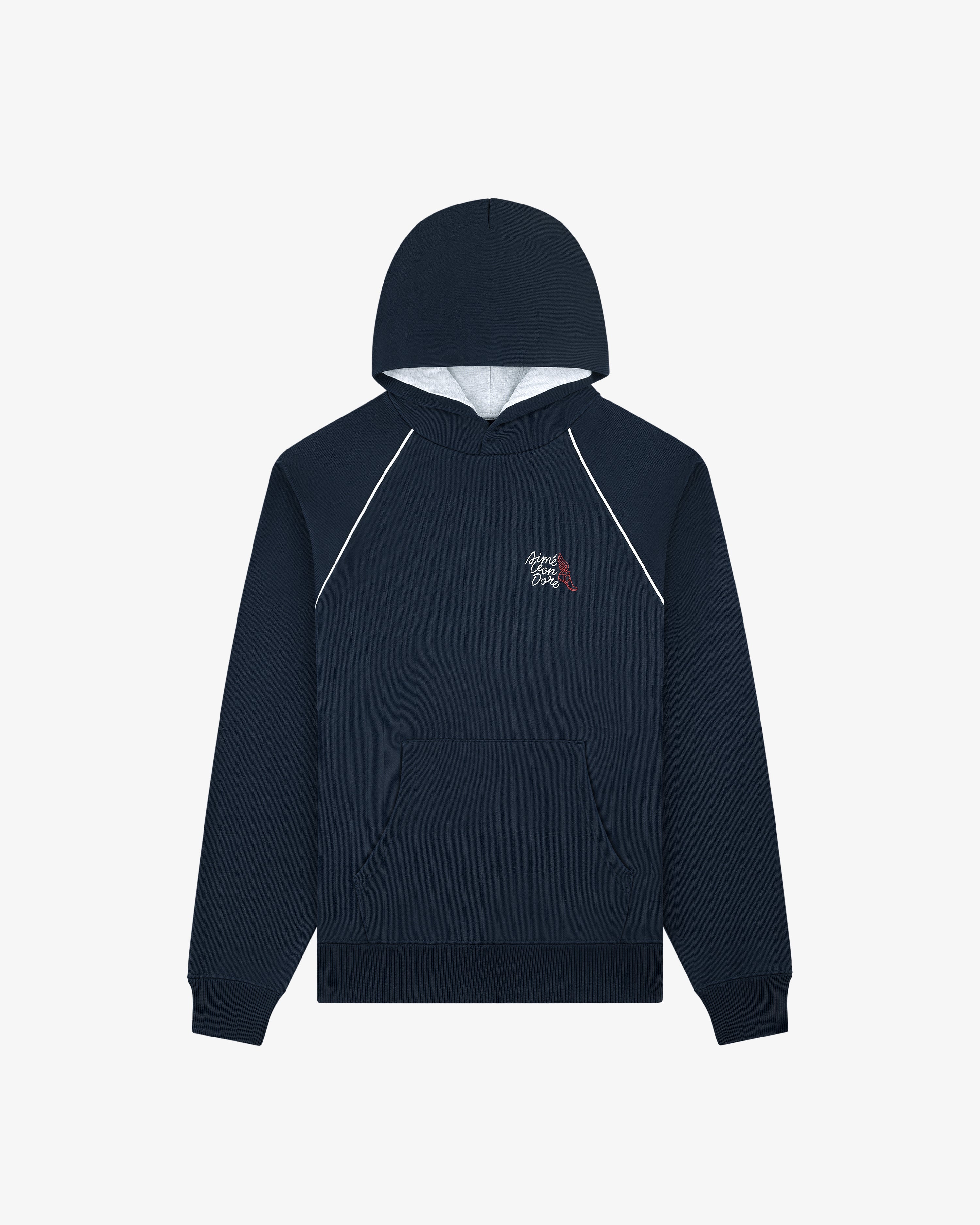 Wingfoot Track Hoodie: navy blue with white piping, front pocket, and small embroidered chest logo.