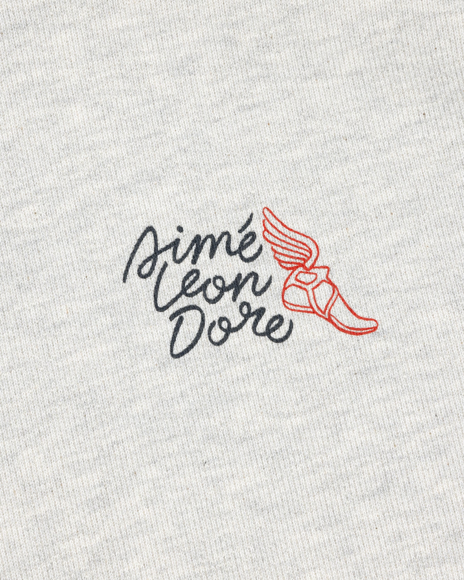 Wingfoot Track Hoodie featuring a cursive Aime Leon Dore logo and orange winged shoe on light grey ribbed fabric.