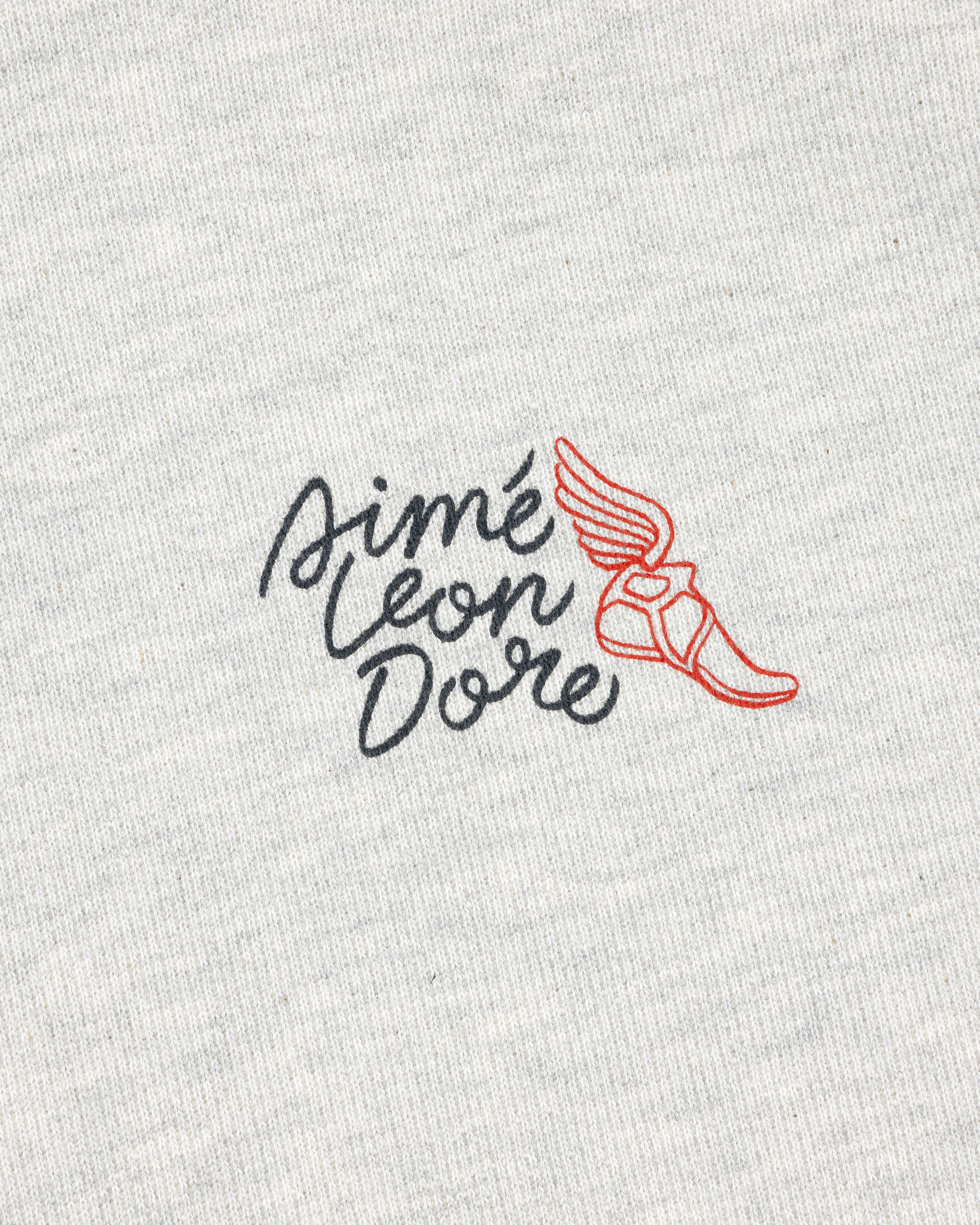 Wingfoot Track Hoodie featuring a cursive Aime Leon Dore logo and orange winged shoe on light grey ribbed fabric.