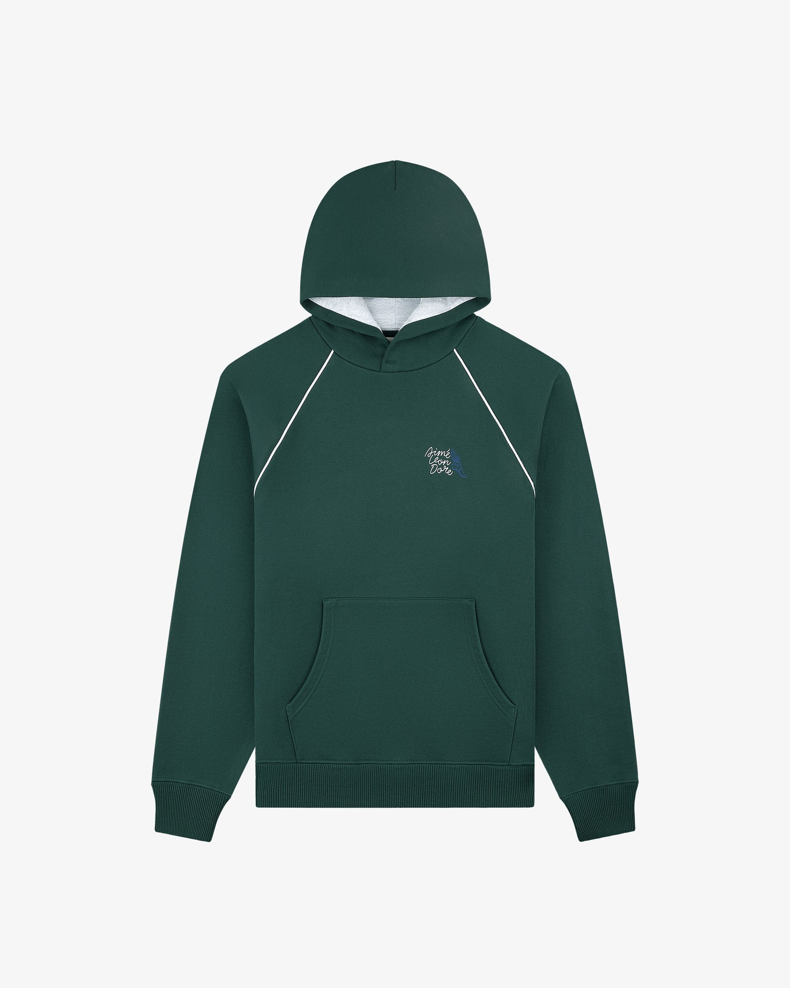 Wingfoot Track Hoodie in dark green with hood, front pocket, and subtle logo on a plain white background.