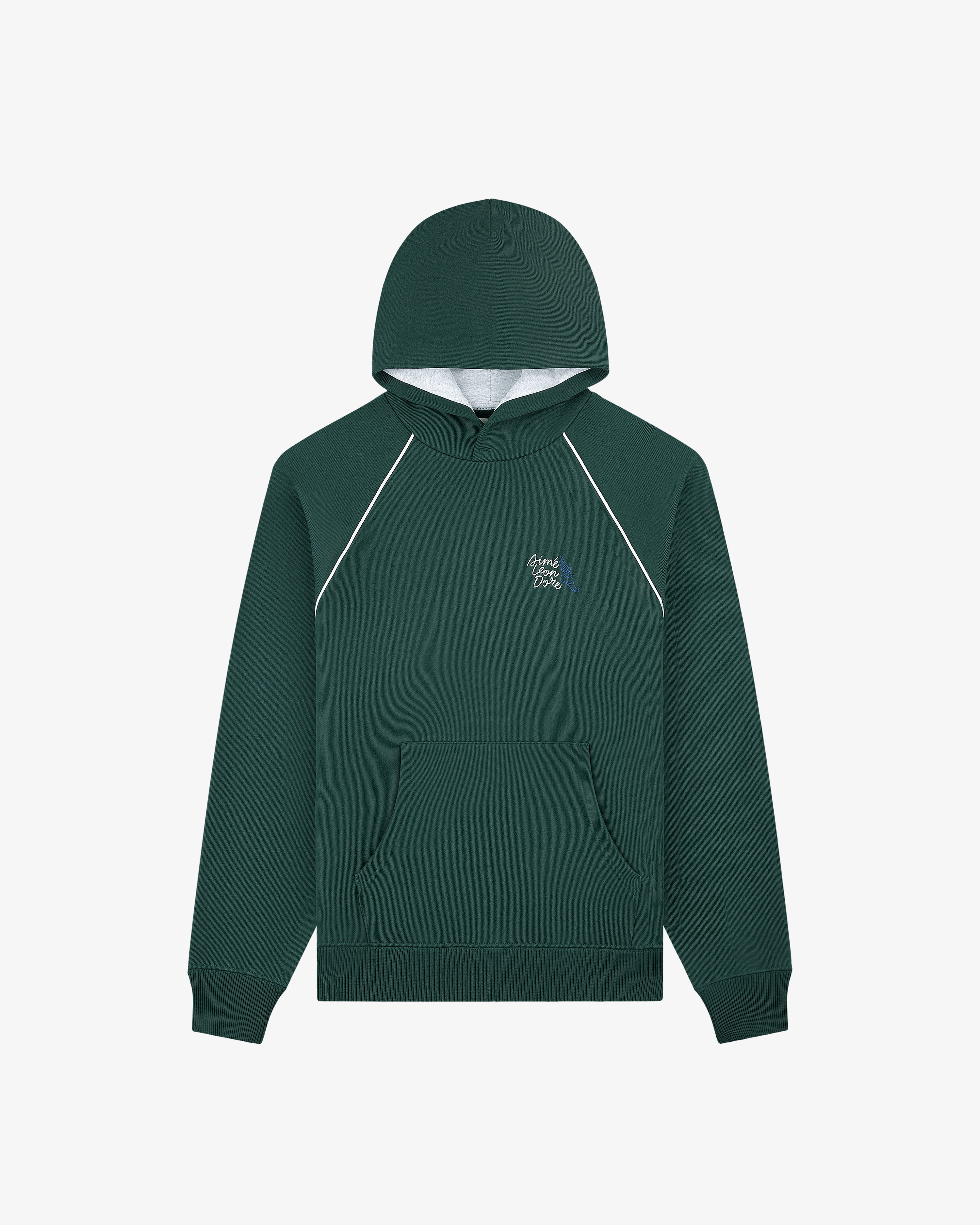 Wingfoot Track Hoodie in dark green with hood, front pocket, and subtle logo on a plain white background.