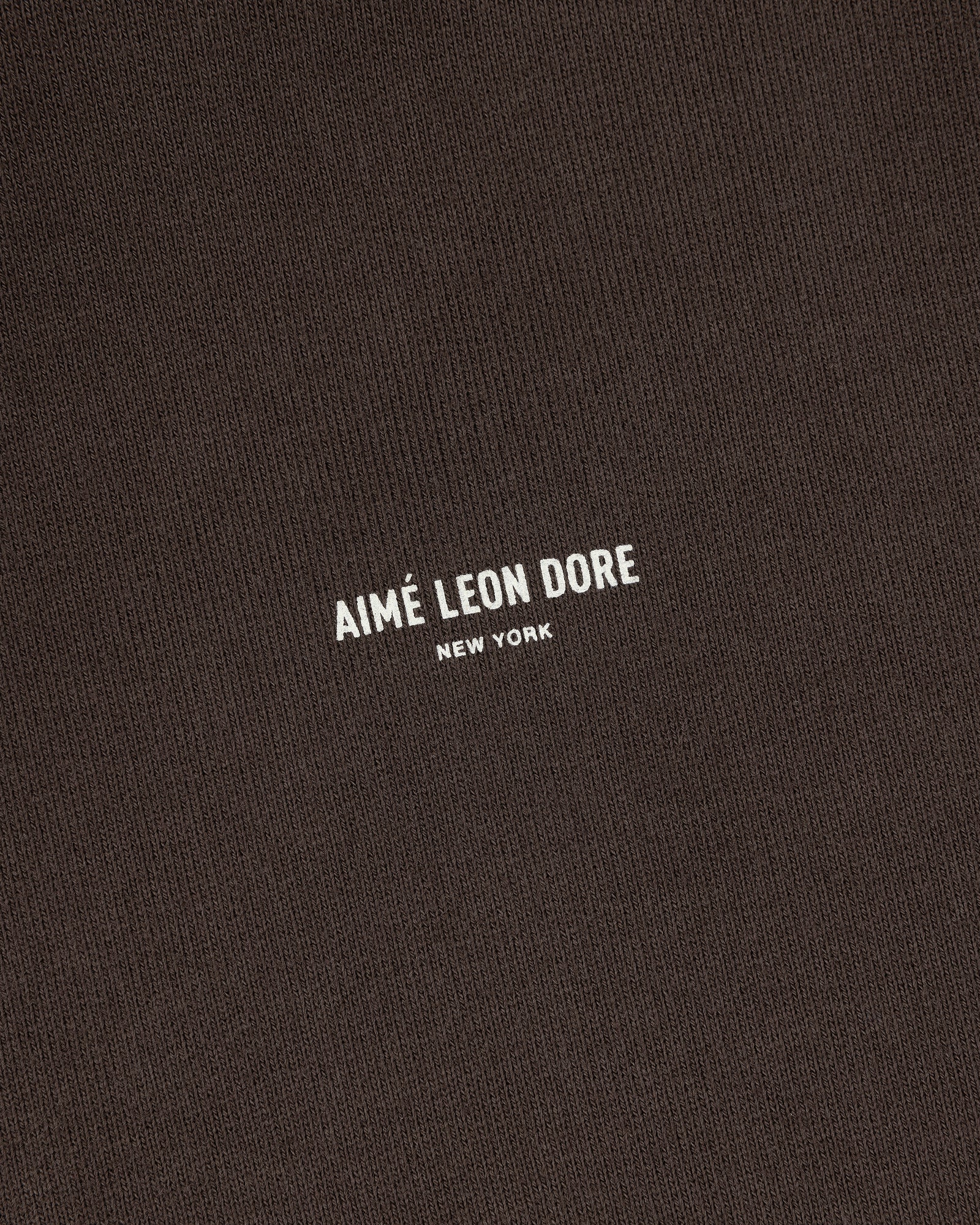 Brown Micro Logo Hoodie with AIMÉ LEON DORE NEW YORK in small white capital letters centered on the front.