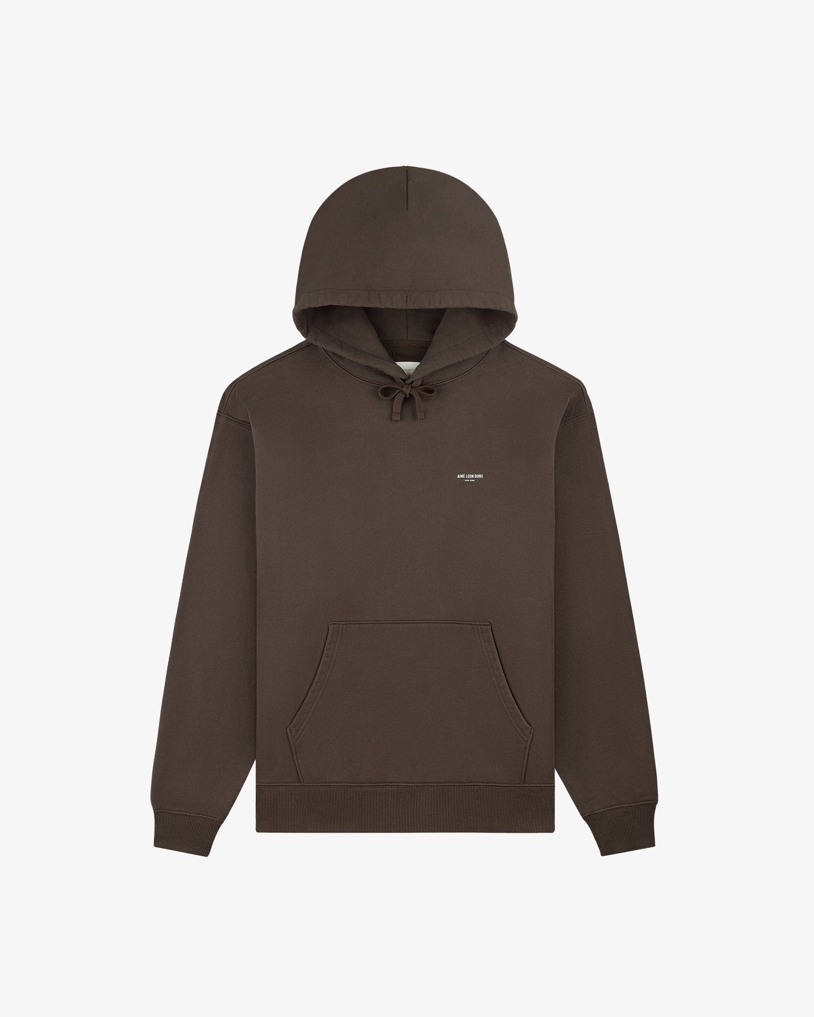 Micro Logo Hoodie in brown with front pocket and small white chest text, shown on a plain white background.