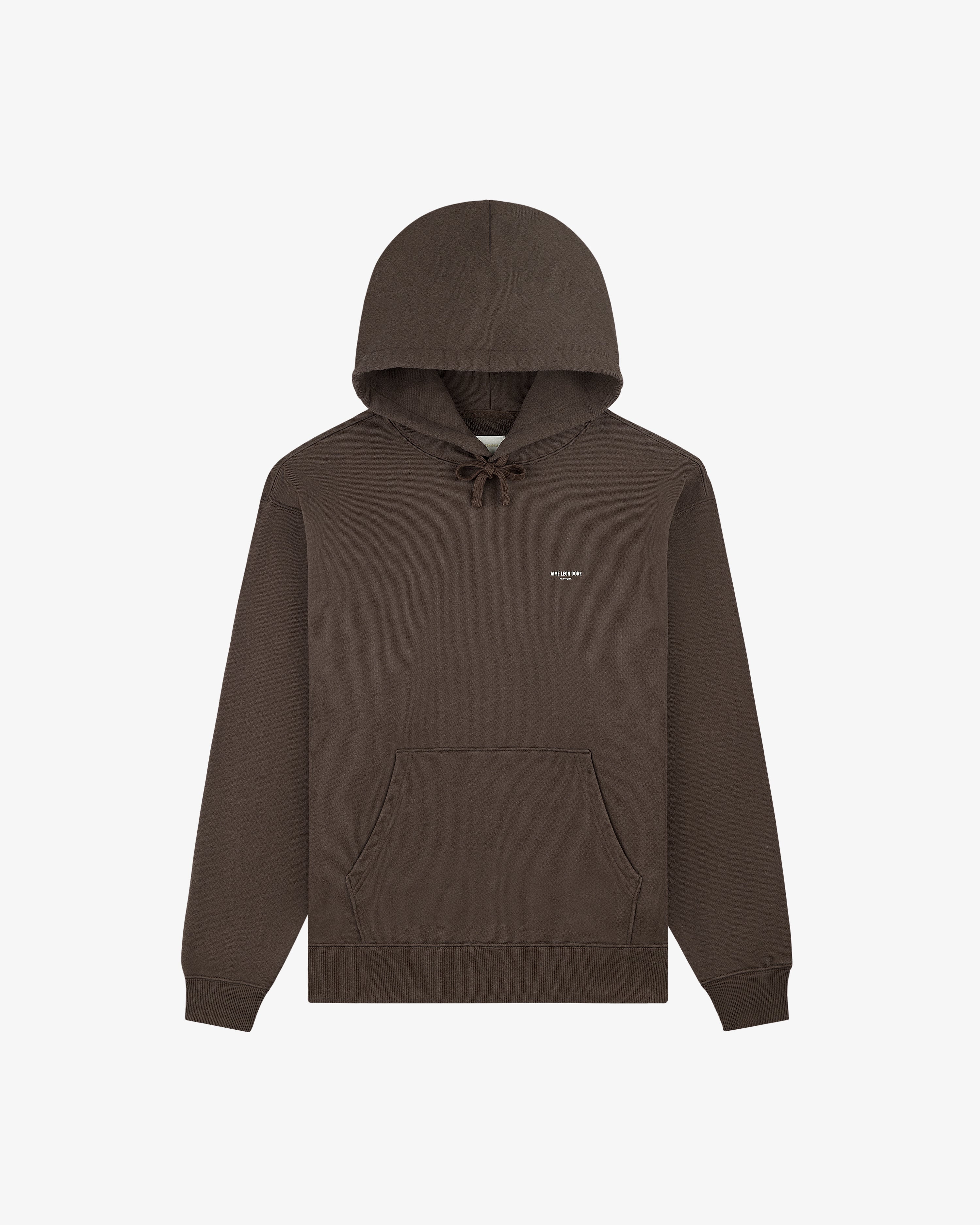 Micro Logo Hoodie in brown with front pocket and small white chest text, shown on a plain white background.