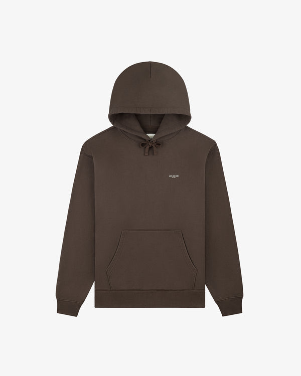 Micro Logo Hoodie in brown with front pocket and small white chest text, shown on a plain white background.