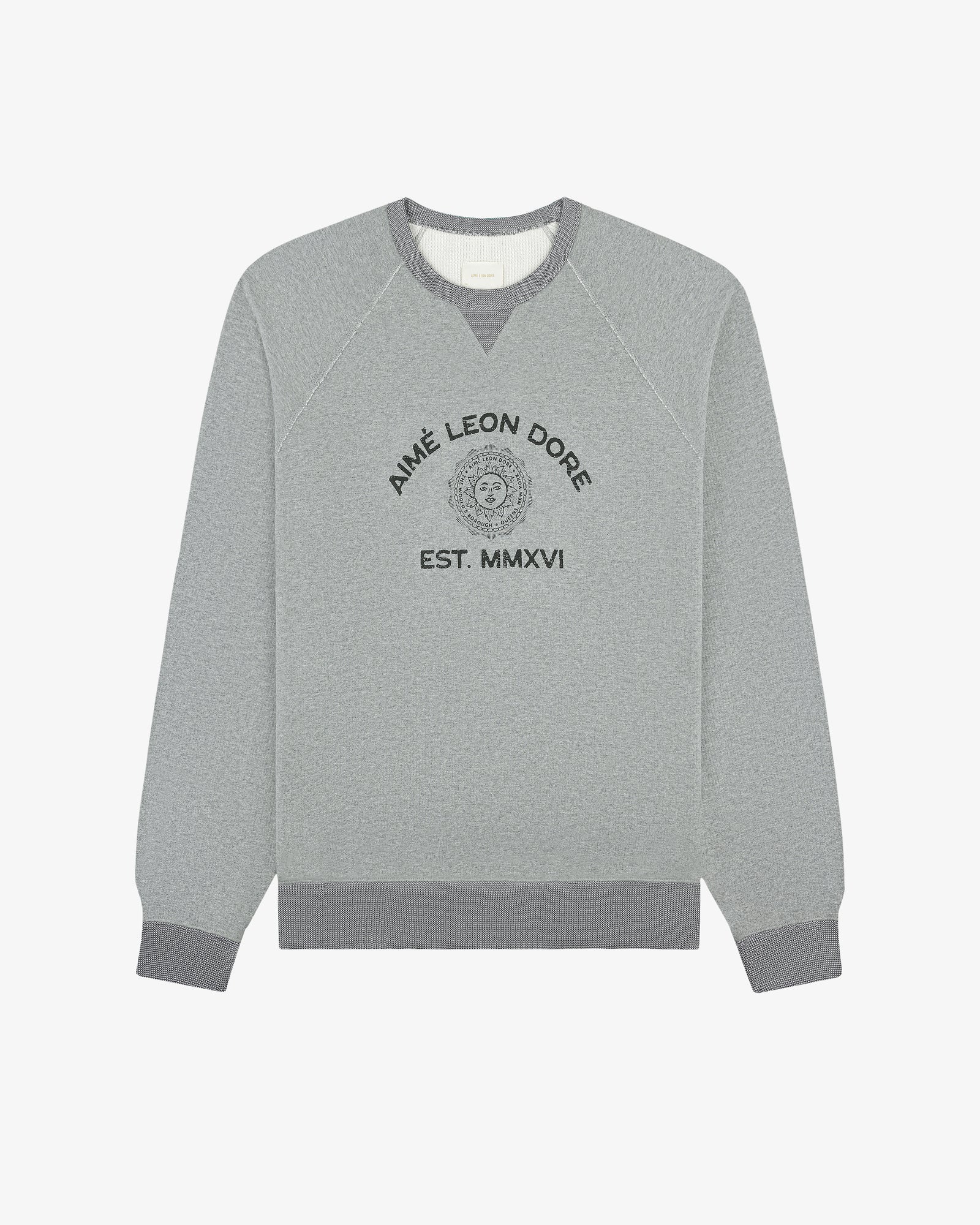 Souvenir Crewneck Sweatshirt: Gray with dark gray cuffs and “AIMÉ LEON DORE EST. MMXVI” text on the front.