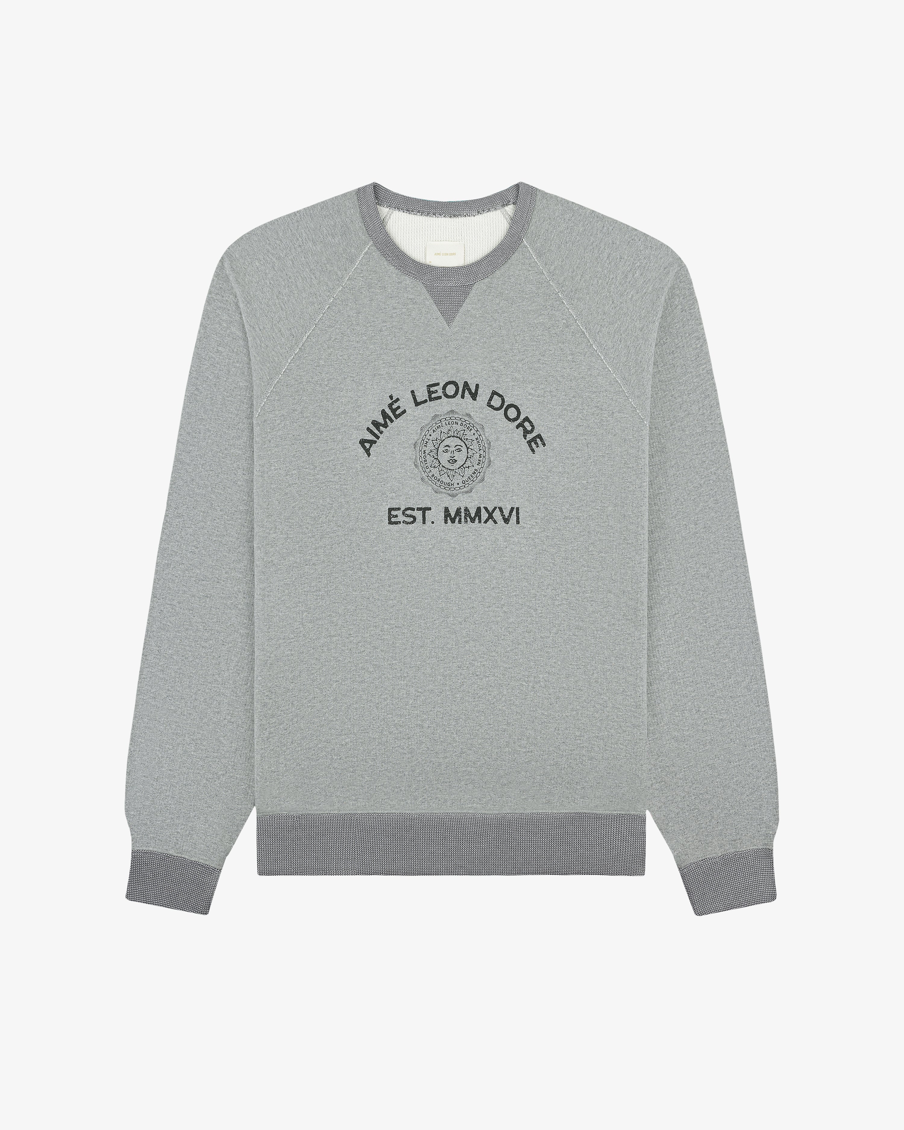 Souvenir Crewneck Sweatshirt: Gray with dark gray cuffs and “AIMÉ LEON DORE EST. MMXVI” text on the front.