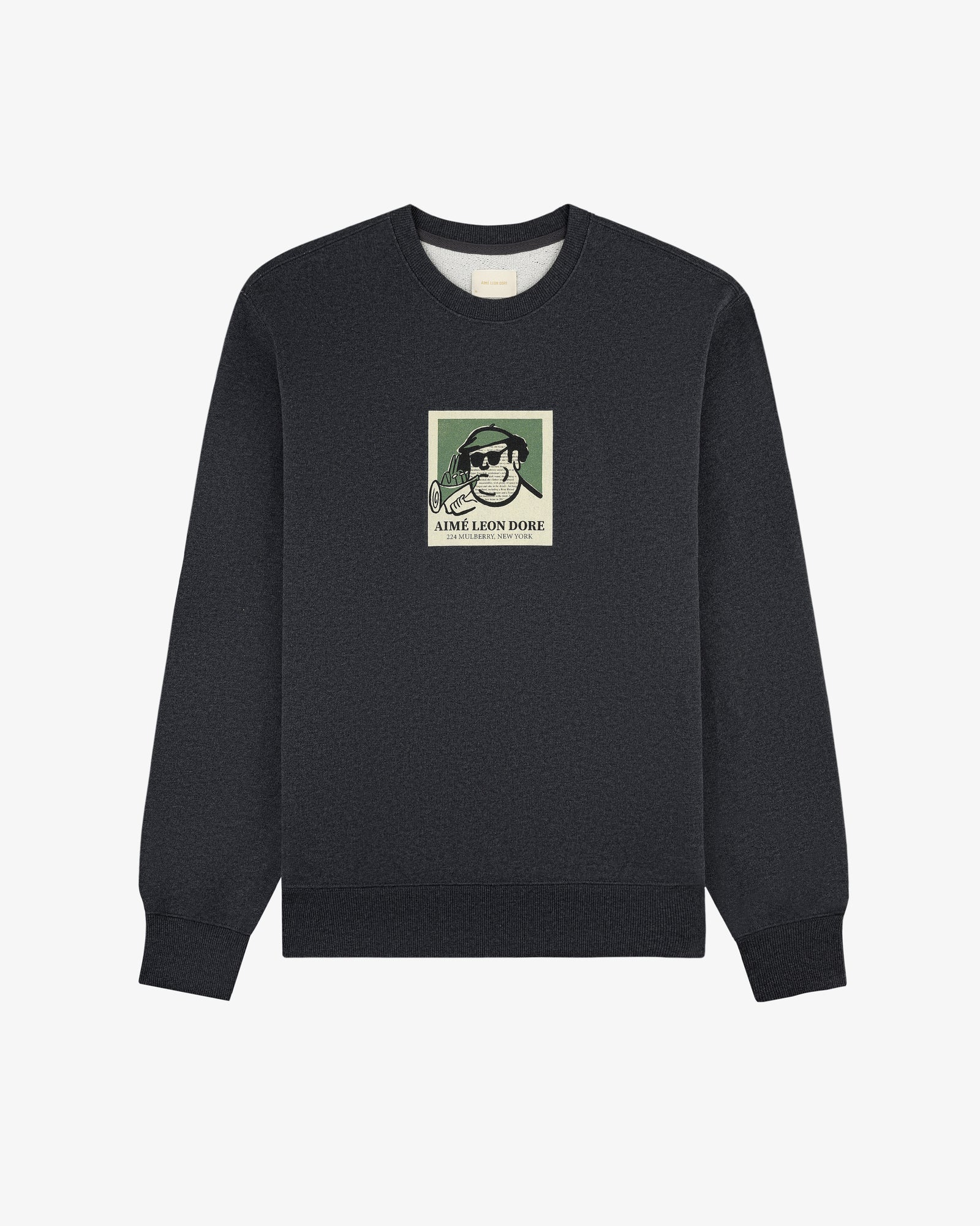 Musician Crewneck Sweatshirt in dark gray with a cartoon man patch and AIMÉ LEON DORE text on the chest.