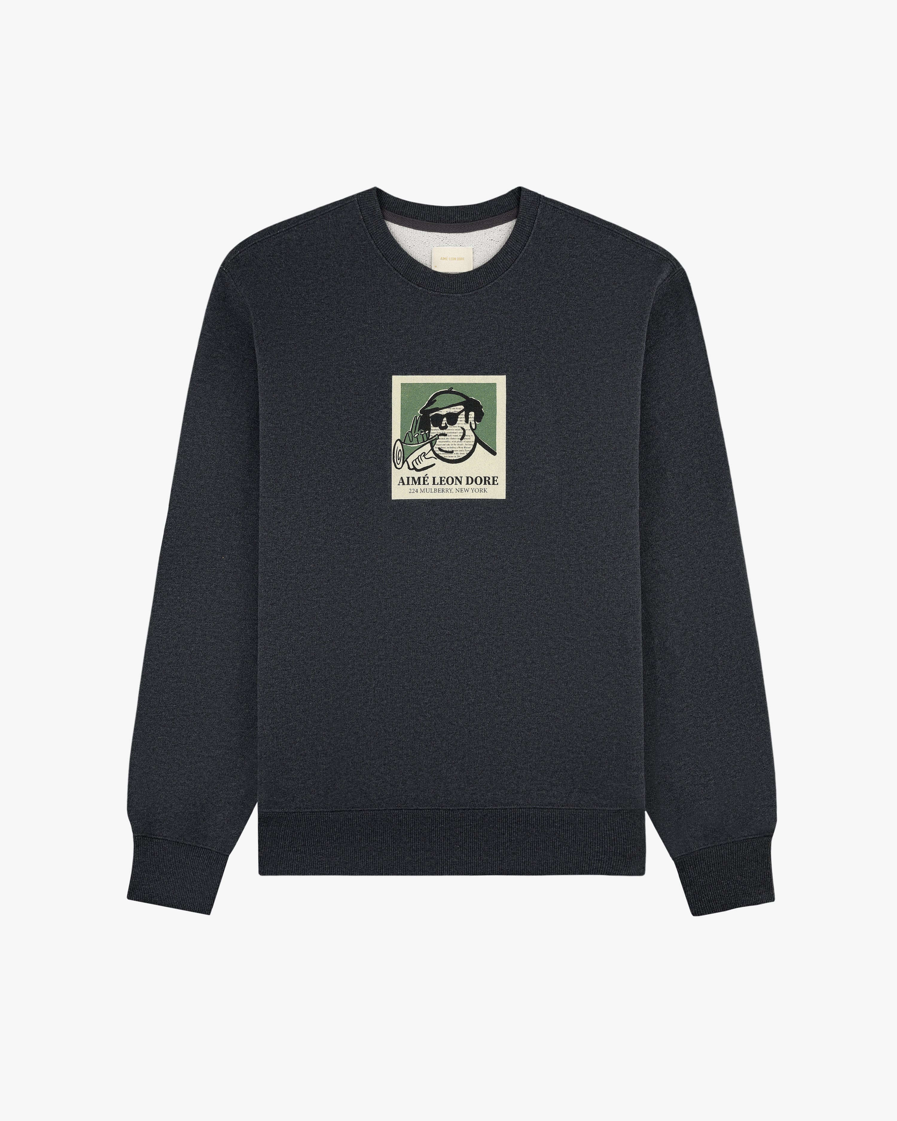Musician Crewneck Sweatshirt in dark gray with a cartoon man patch and AIMÉ LEON DORE text on the chest.