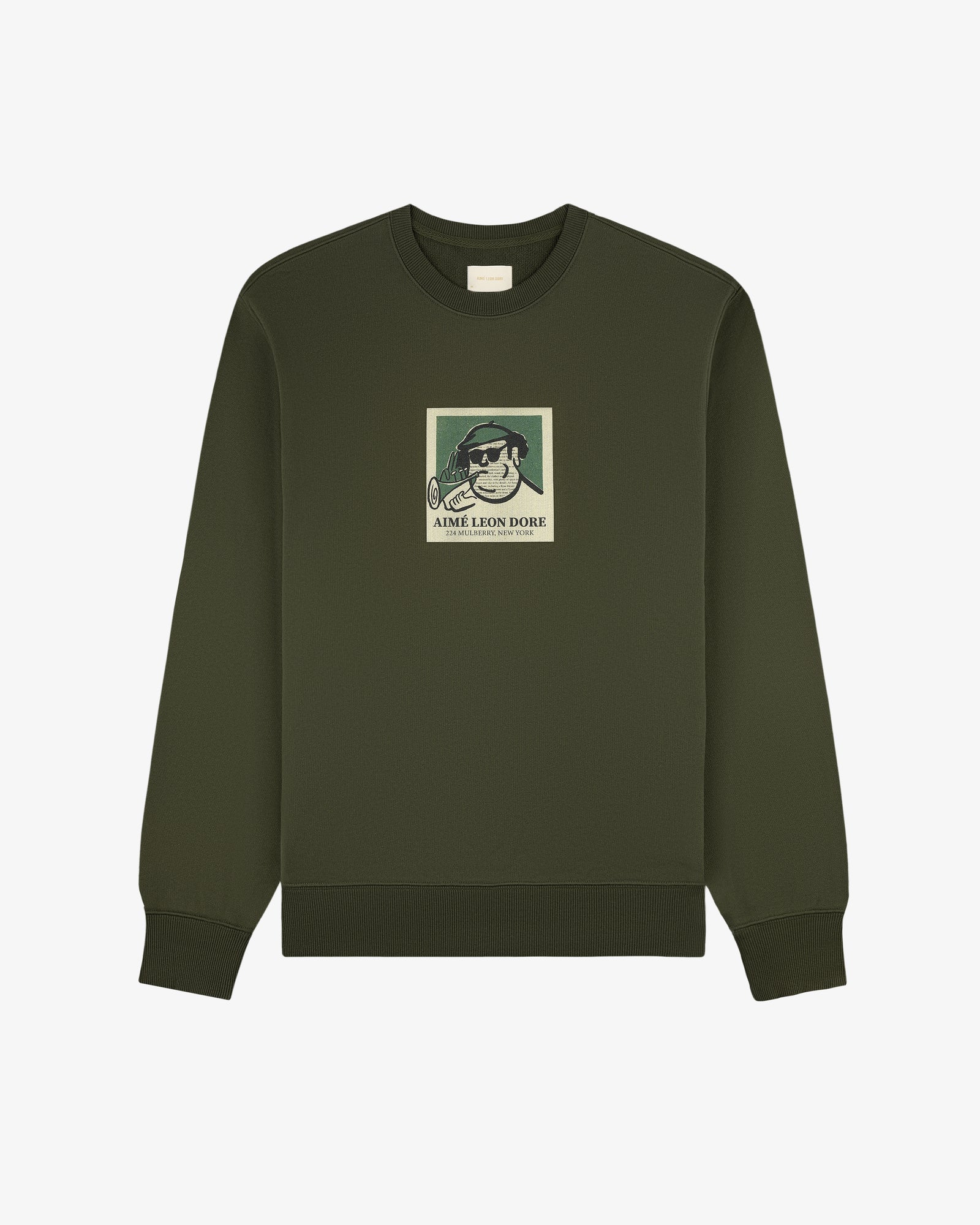 Musician Crewneck Sweatshirt in olive green with a chest patch of a man wearing sunglasses, hat, and pipe.