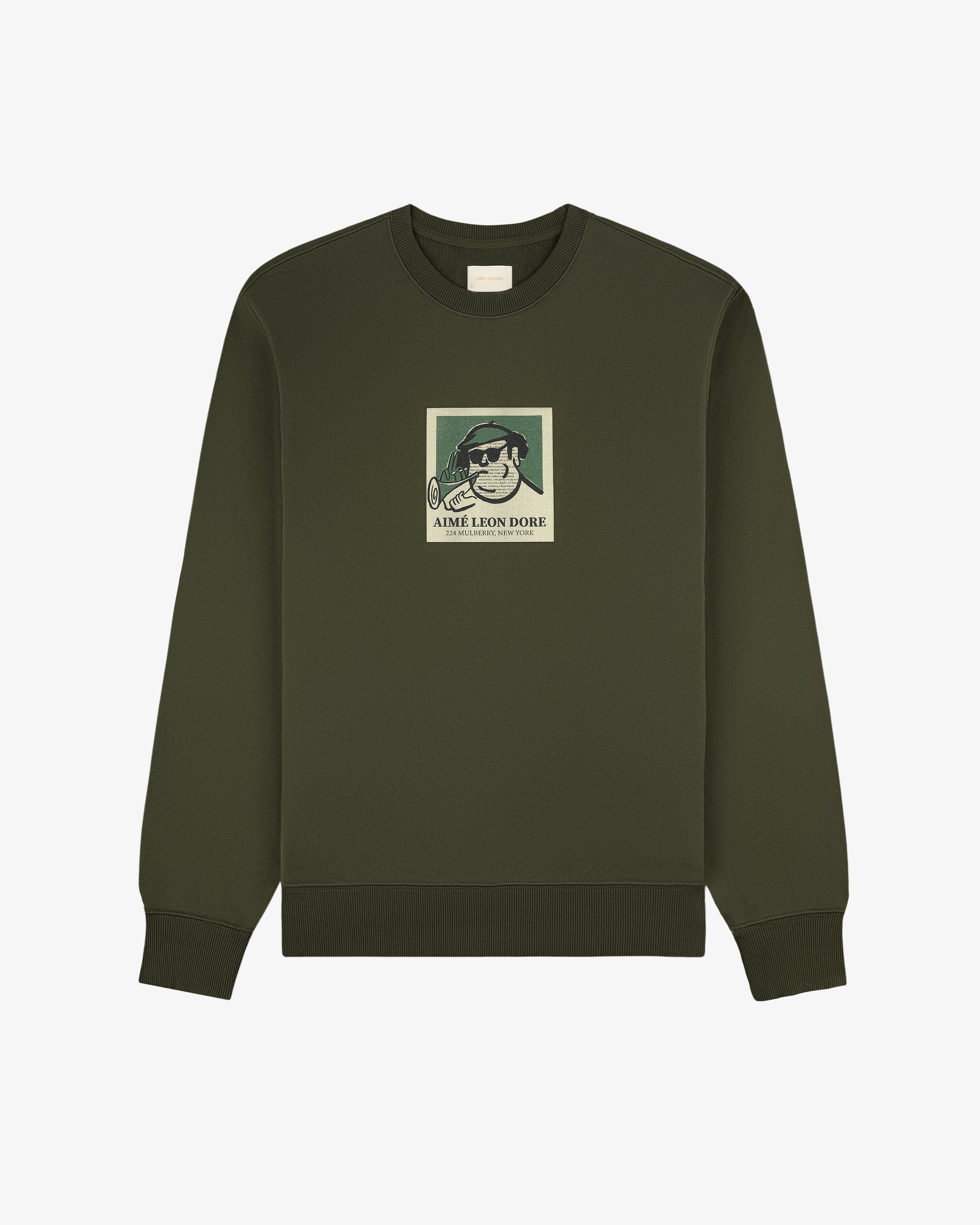 Musician Crewneck Sweatshirt in olive green with a chest patch of a man wearing sunglasses, hat, and pipe.