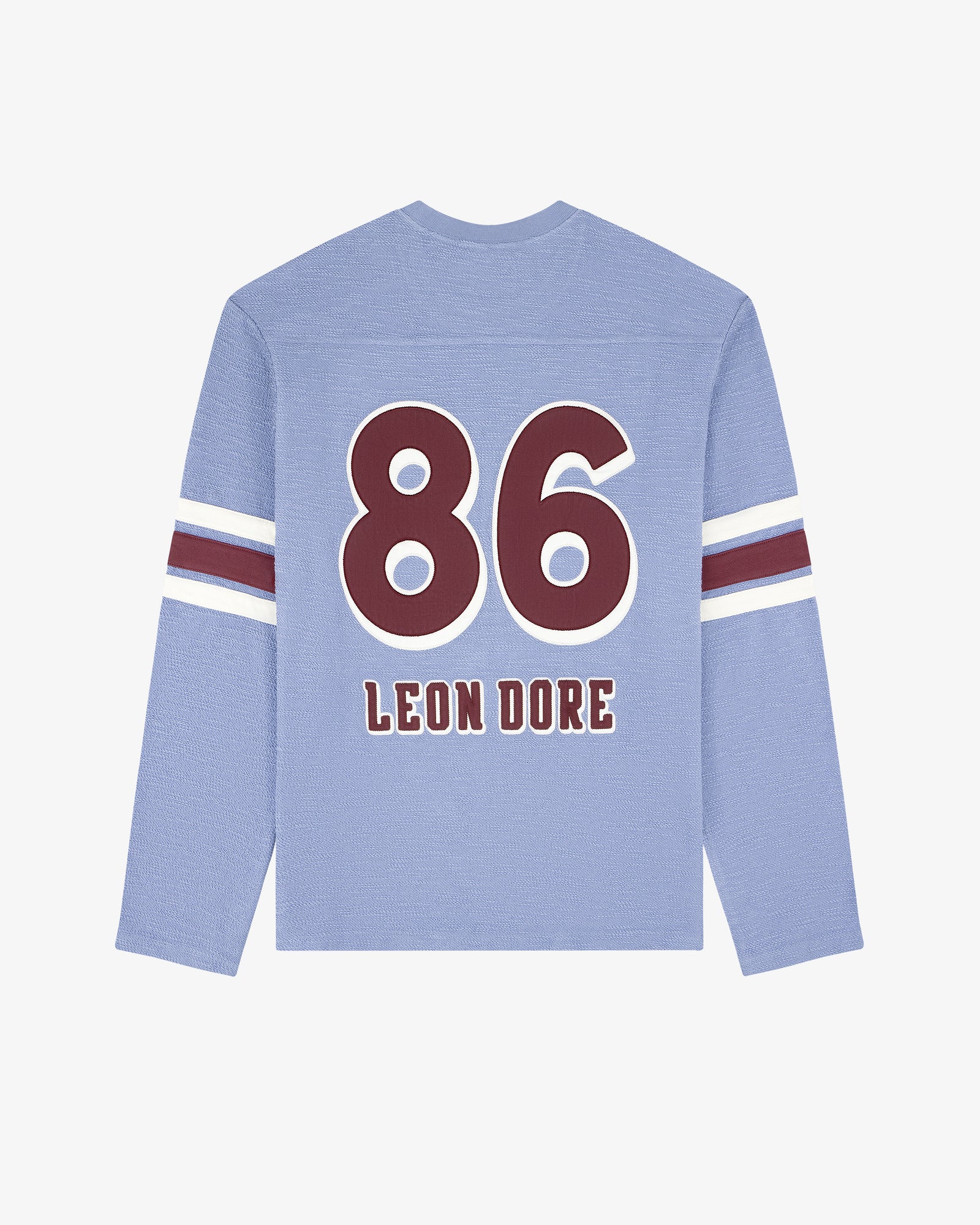 Legacy Slub Football Jersey: light blue, long sleeves, 86 & LEON DORE back, maroon/white striped sleeves.