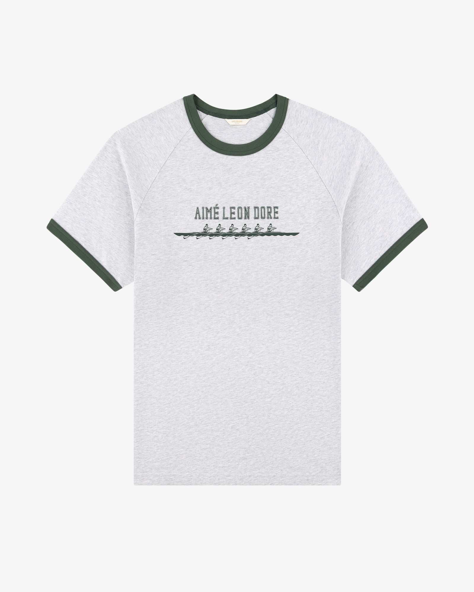 Rowing Tee: Gray shirt with green collar/sleeves, AIMÉ LEON DORE text and rowboat graphic on the front.