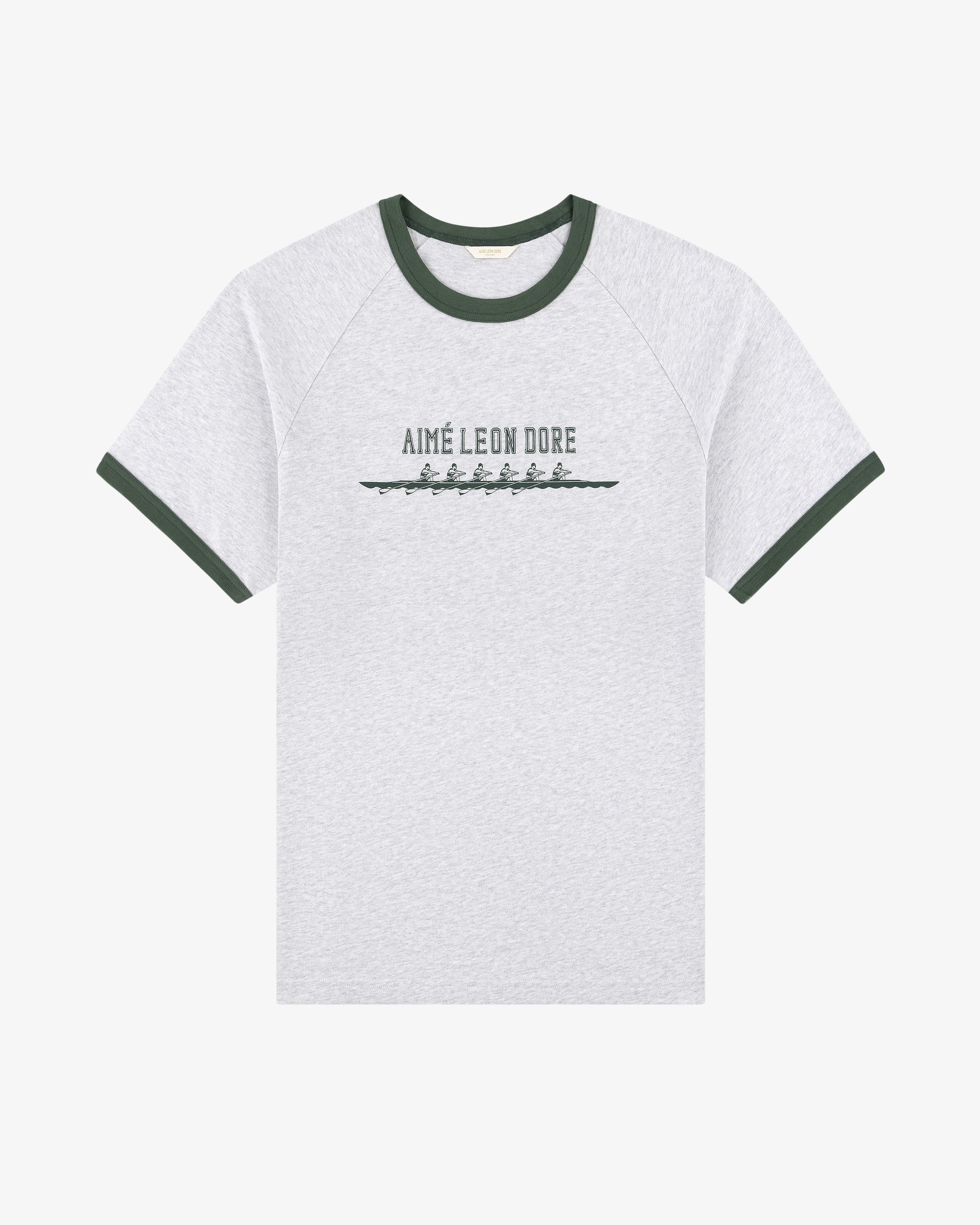 Rowing Tee: Gray shirt with green collar/sleeves, AIMÉ LEON DORE text and rowboat graphic on the front.