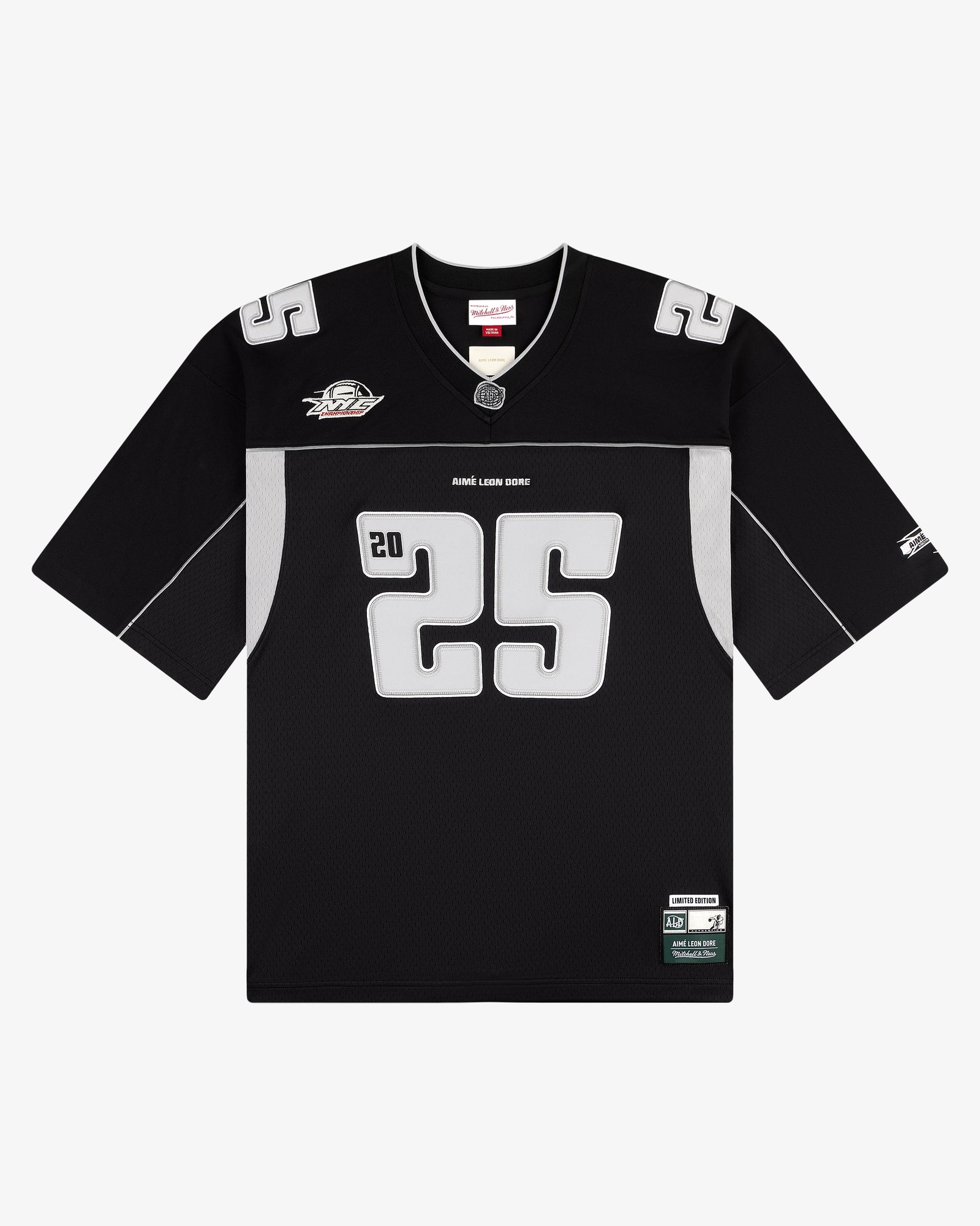 ALD / Mitchell & Ness black football jersey with white 25, shoulder patches, and right-shoulder team logo.