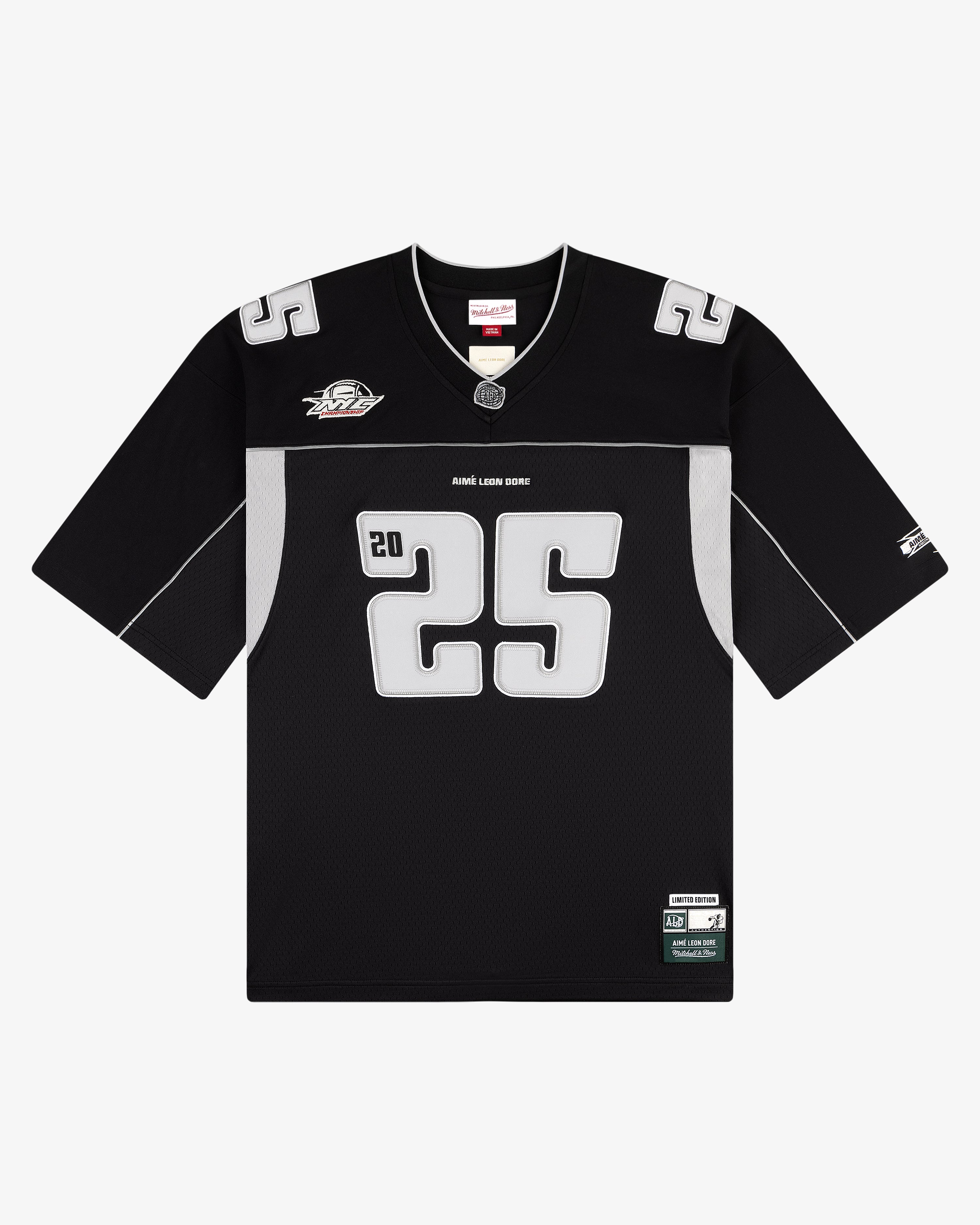 ALD / Mitchell & Ness black football jersey with white 25, shoulder patches, and right-shoulder team logo.