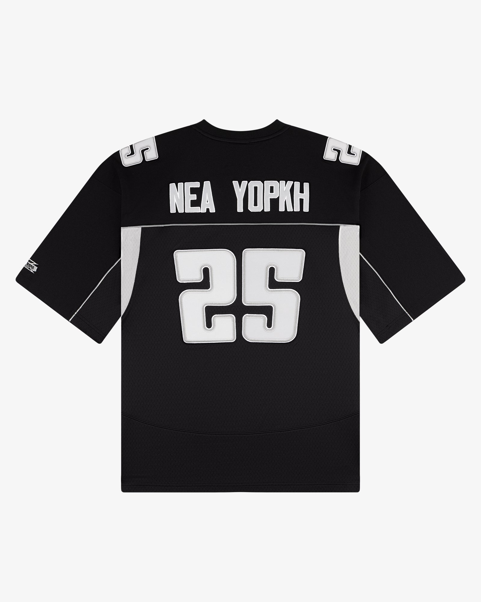 ALD / Mitchell & Ness black football jersey with “NEA YOPKH” and 25 in white lettering on the back.