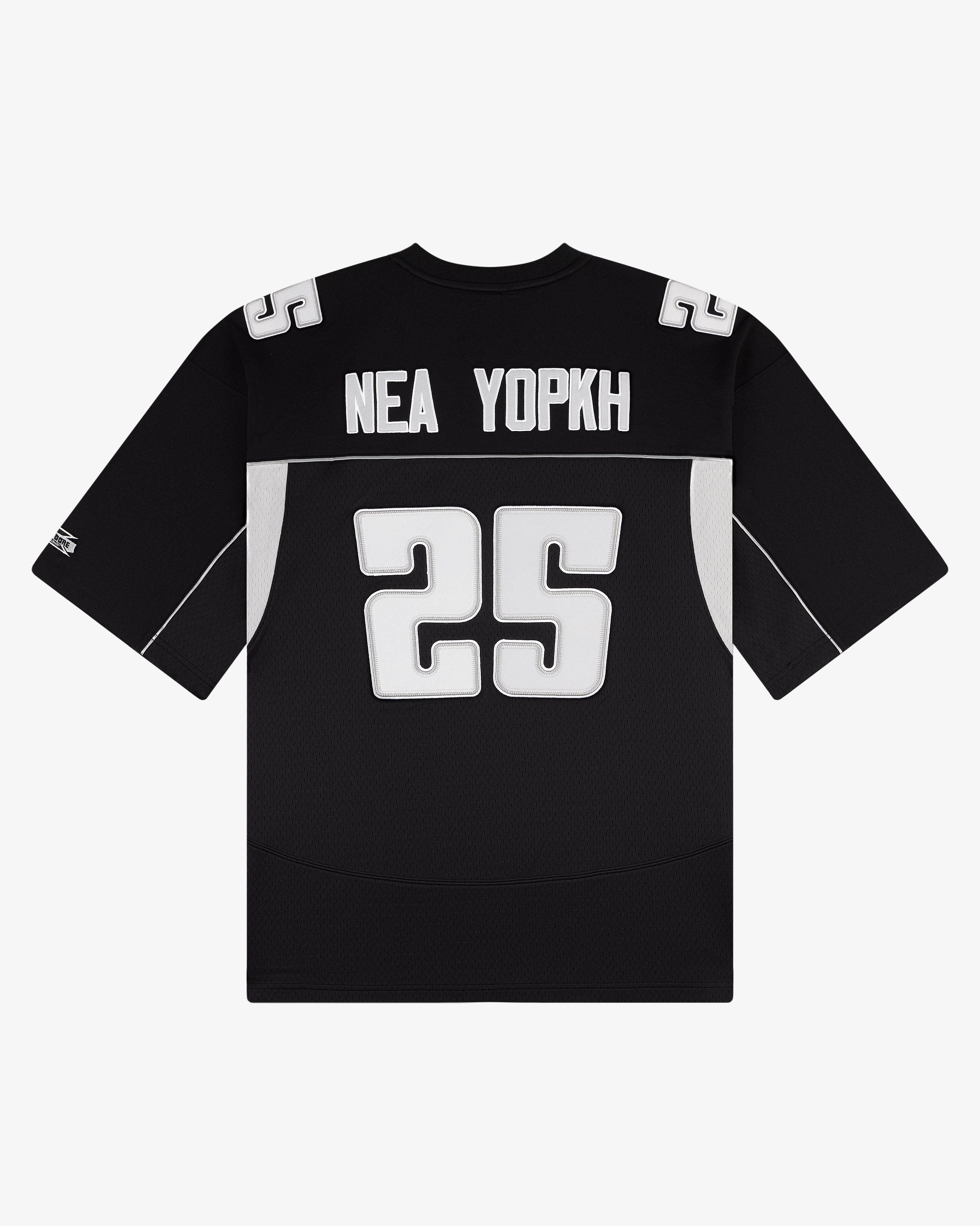 ALD / Mitchell & Ness black football jersey with “NEA YOPKH” and 25 in white lettering on the back.