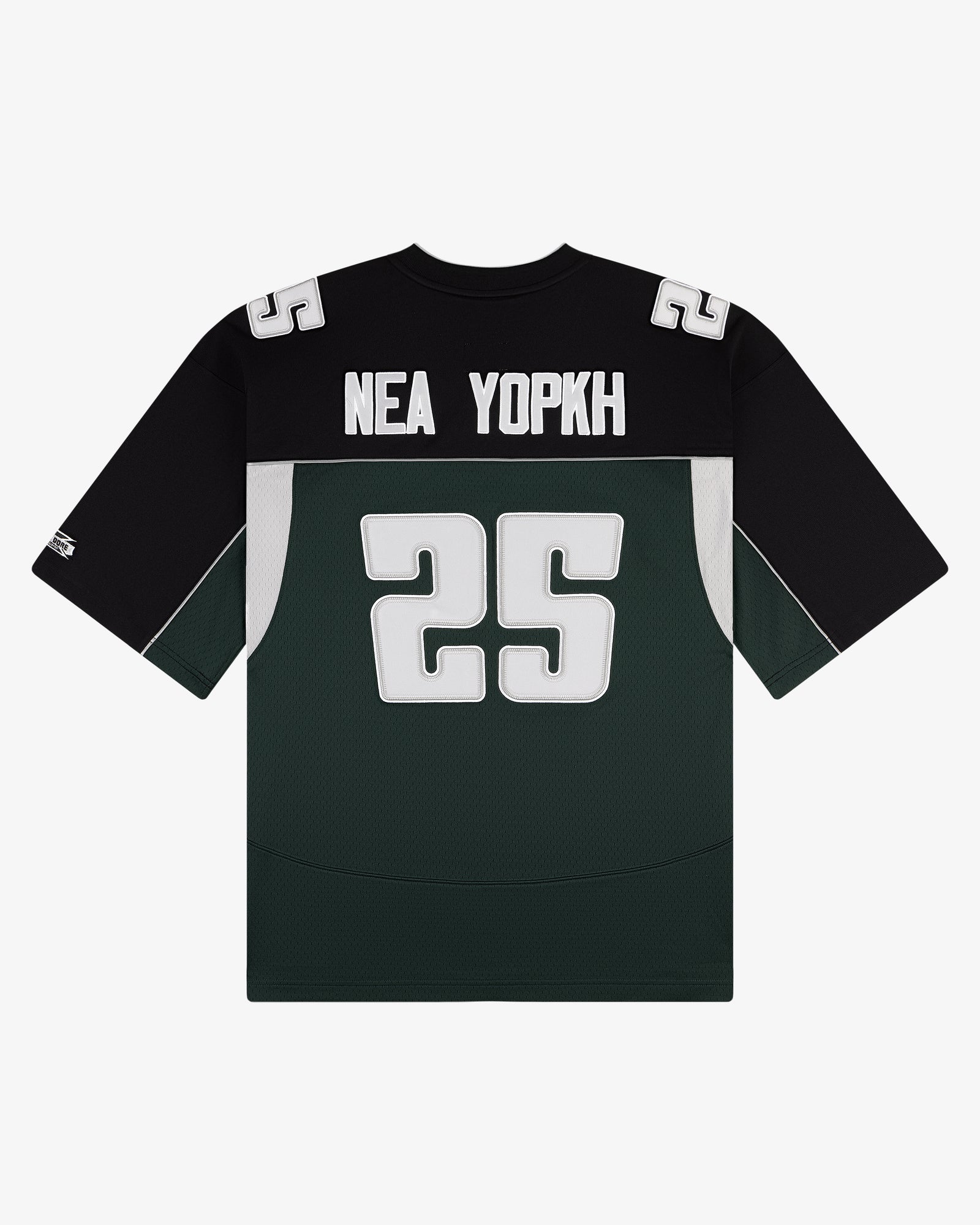 ALD / Mitchell & Ness football jersey in black and green with white 25 and NEA YOPKH on back.