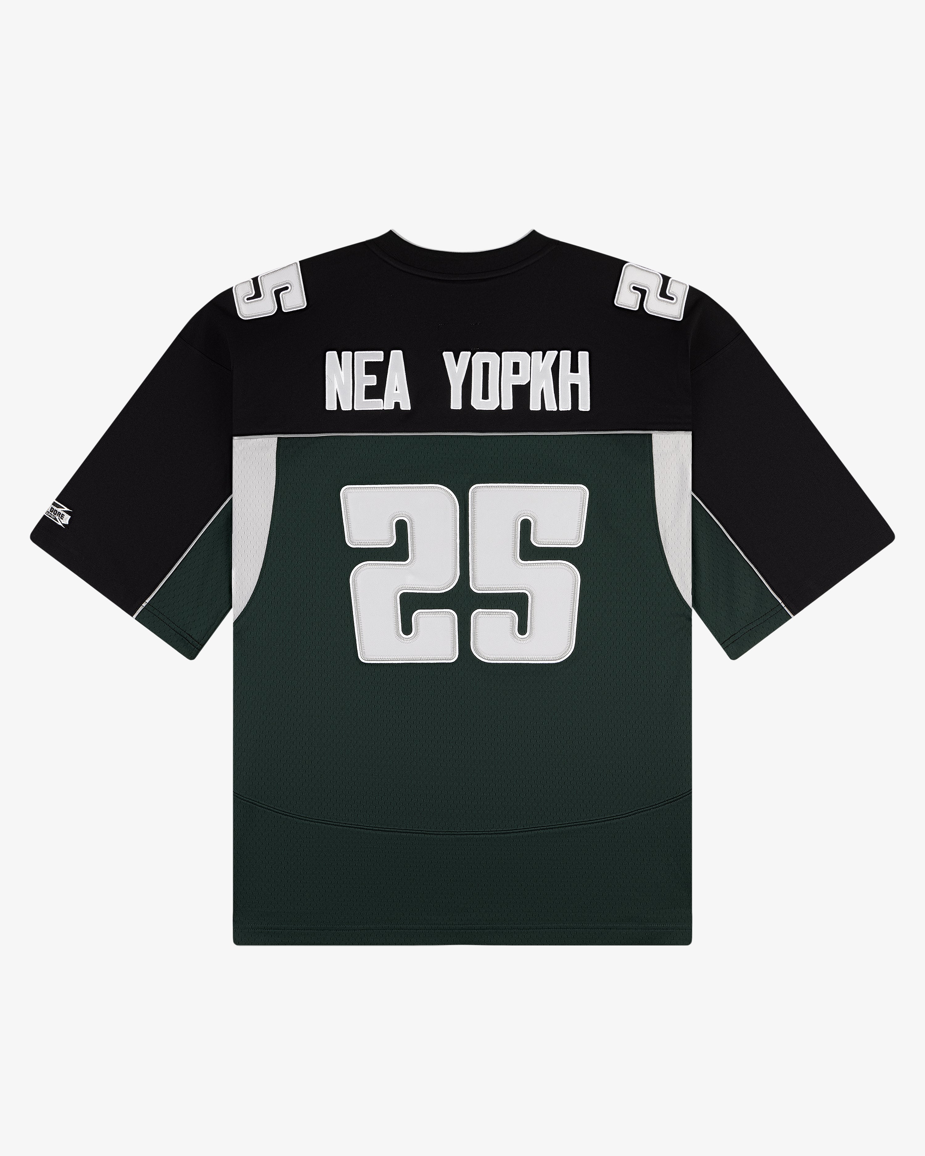 ALD / Mitchell & Ness football jersey in black and green with white 25 and NEA YOPKH on back.