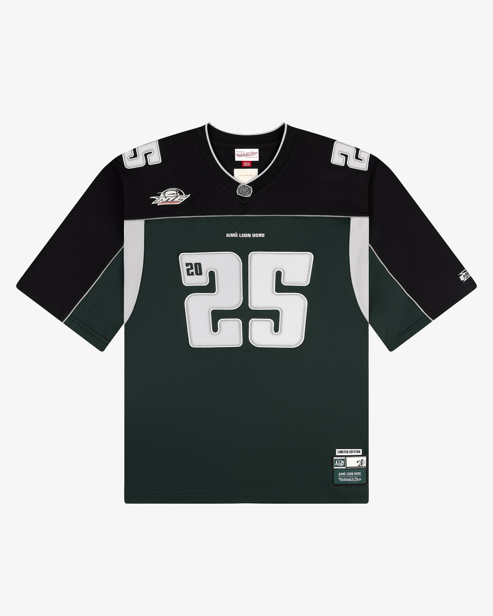 ALD / Mitchell & Ness Football Jersey: green/black with white 25, silver accents, and logo patches on shoulder and hem.