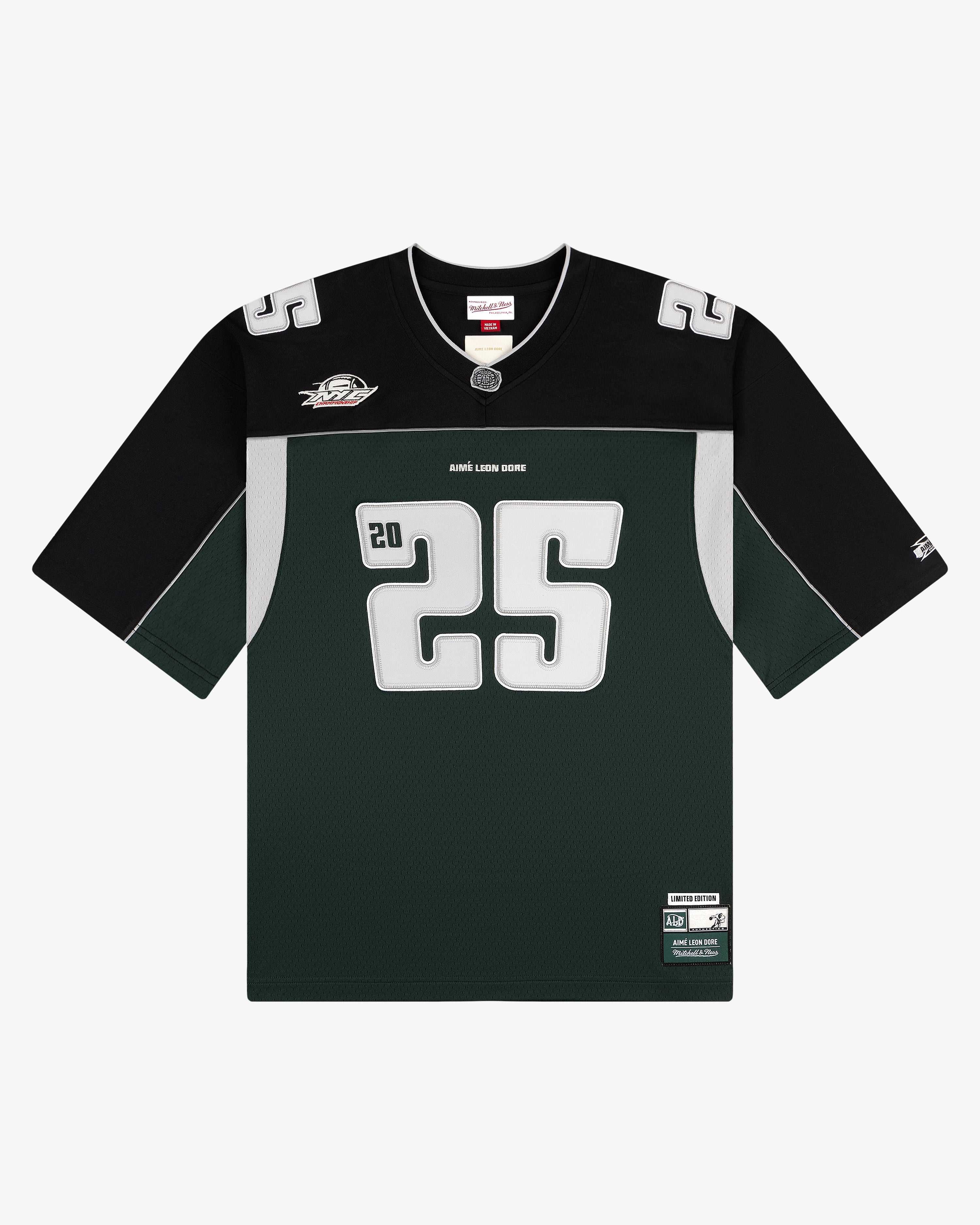 ALD / Mitchell & Ness Football Jersey: green/black with white 25, silver accents, and logo patches on shoulder and hem.