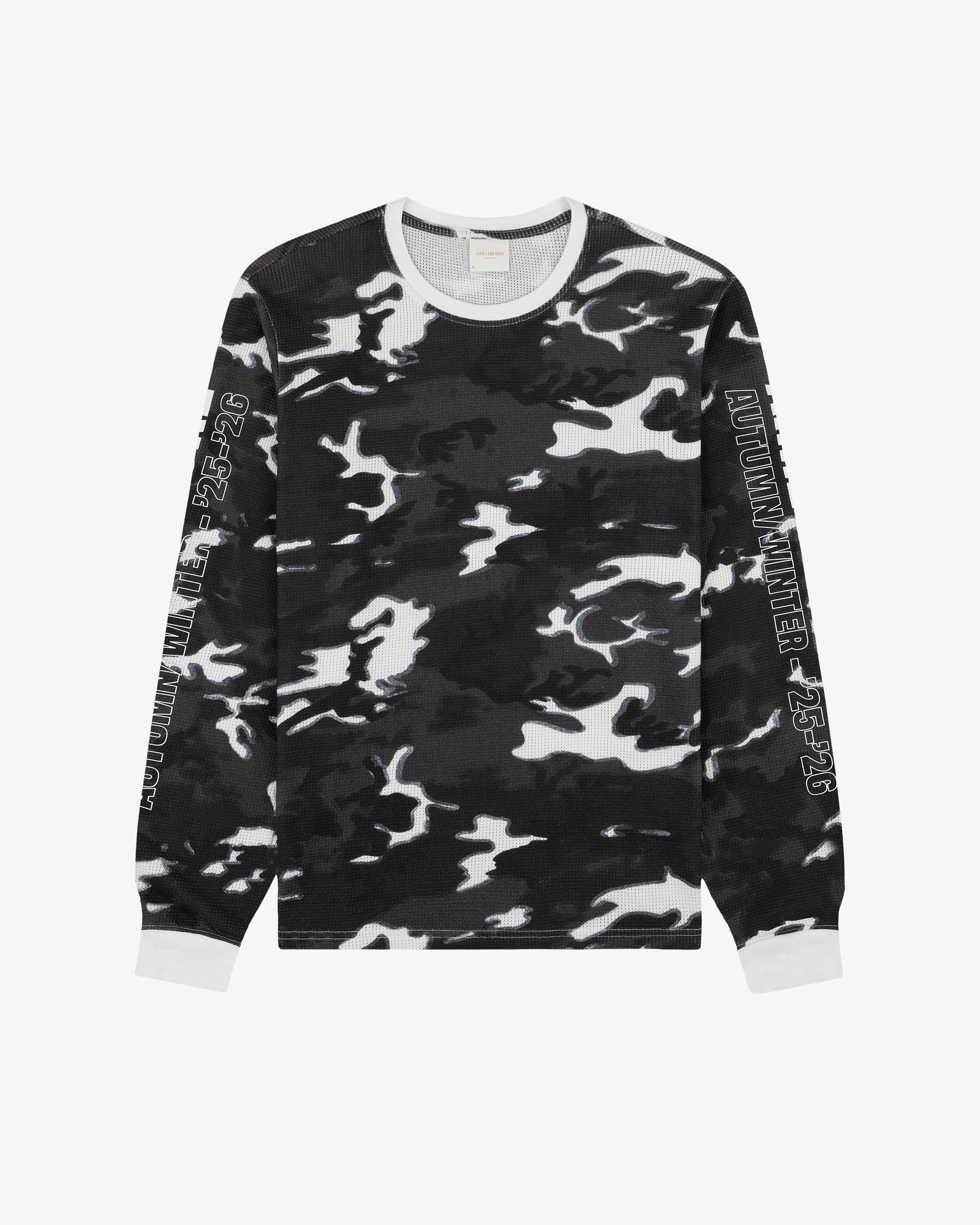 Printed Mesh Moto Tee with black, white & gray camo, sleeve text, and white cuffs & collar.