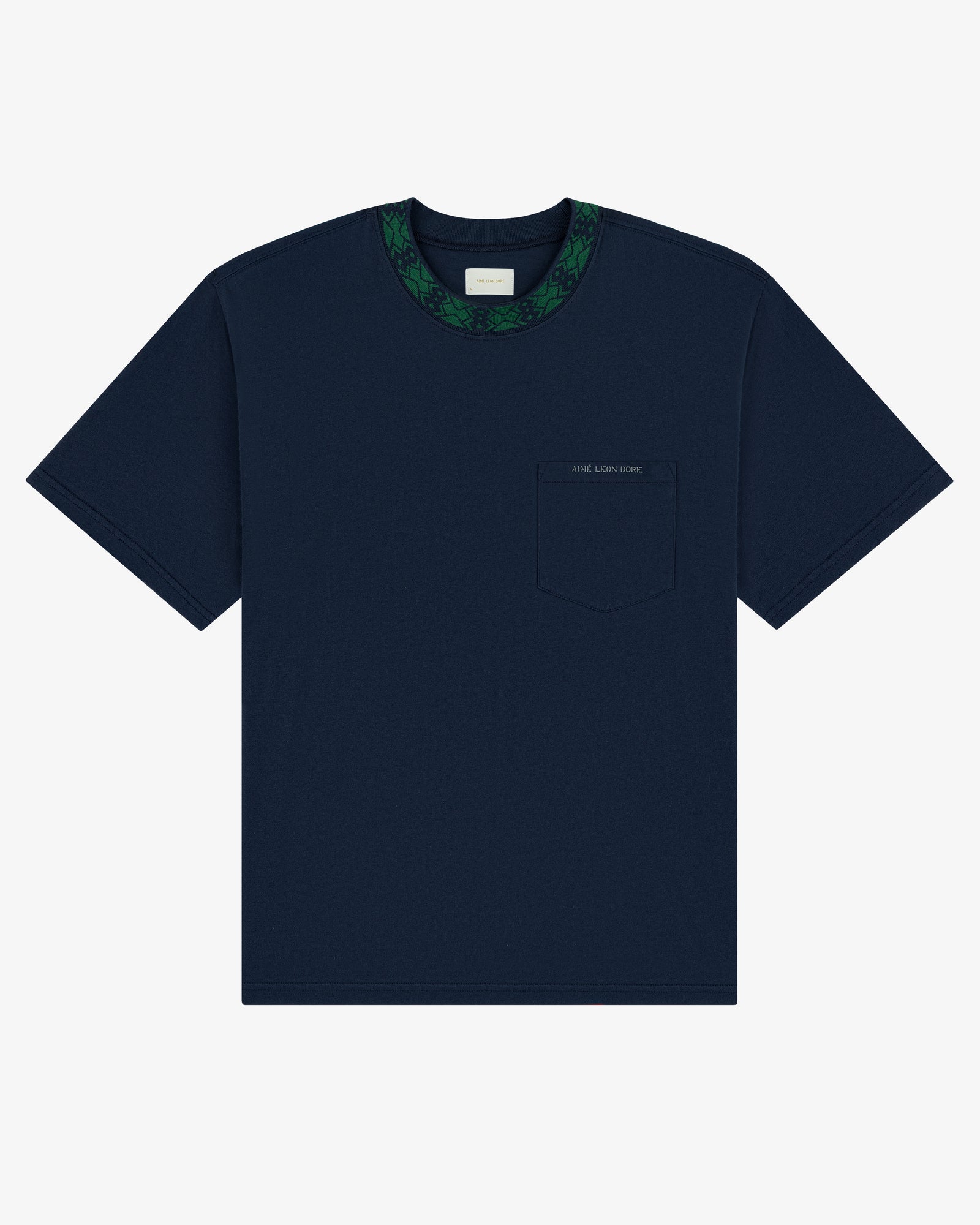 Jacquard Collar Pocket Tee in navy with chest pocket and green patterned collar, shown on white background.
