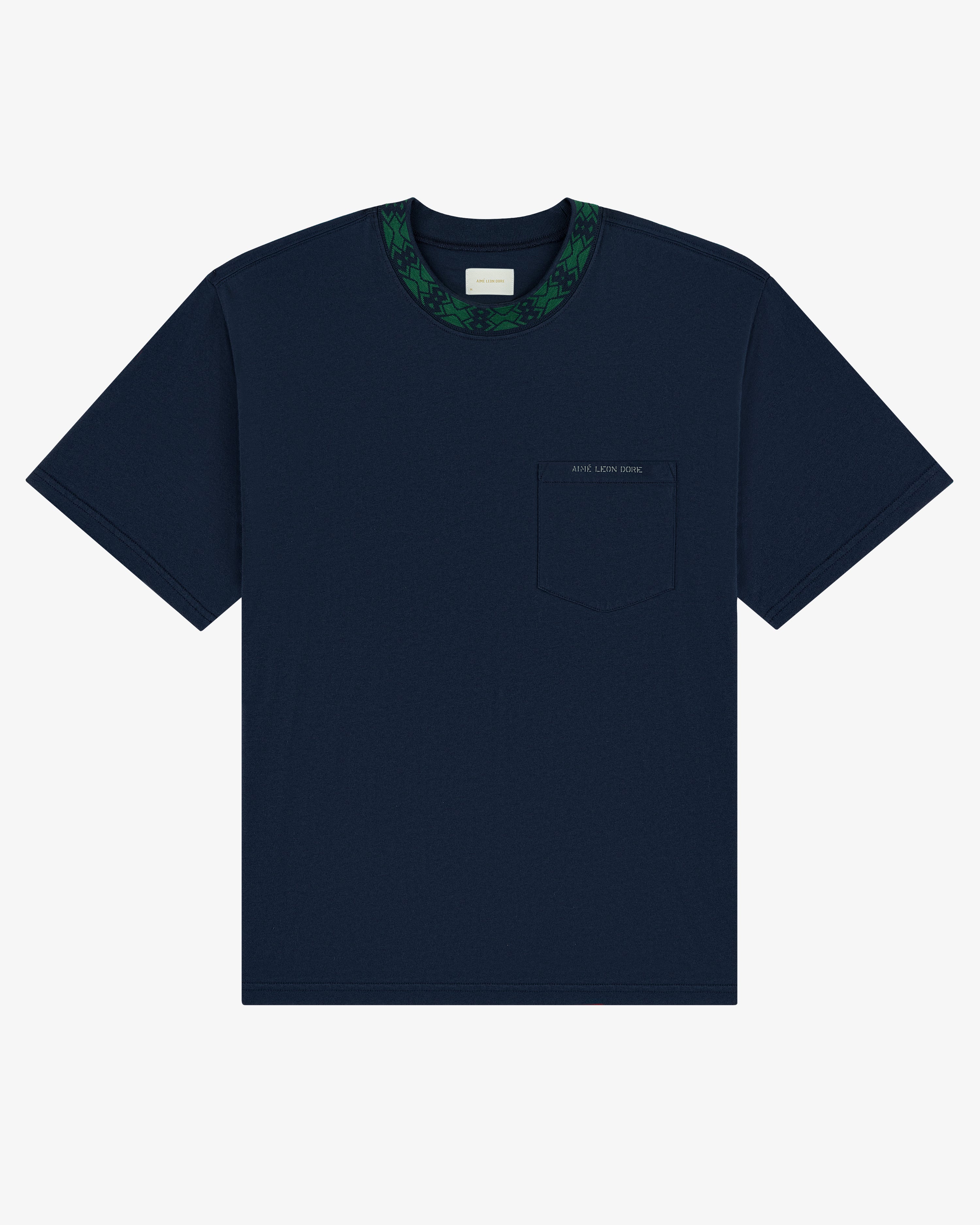 Jacquard Collar Pocket Tee in navy with chest pocket and green patterned collar, shown on white background.