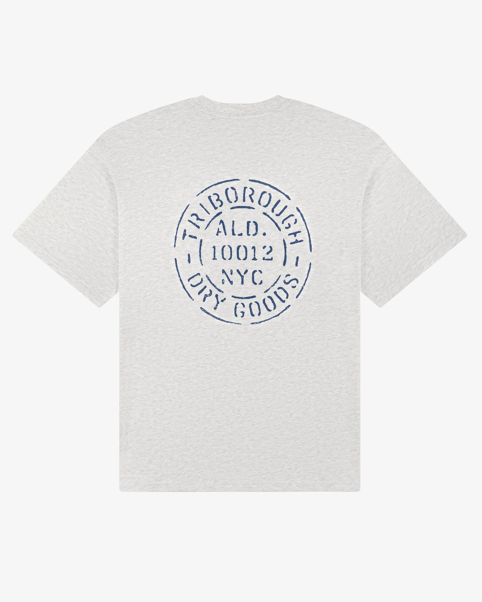 Triborough Dry Goods Pocket Tee in white with blue circular text on back: TRIBOROUGH A.L.D. 10012 NYC DRY GOODS.