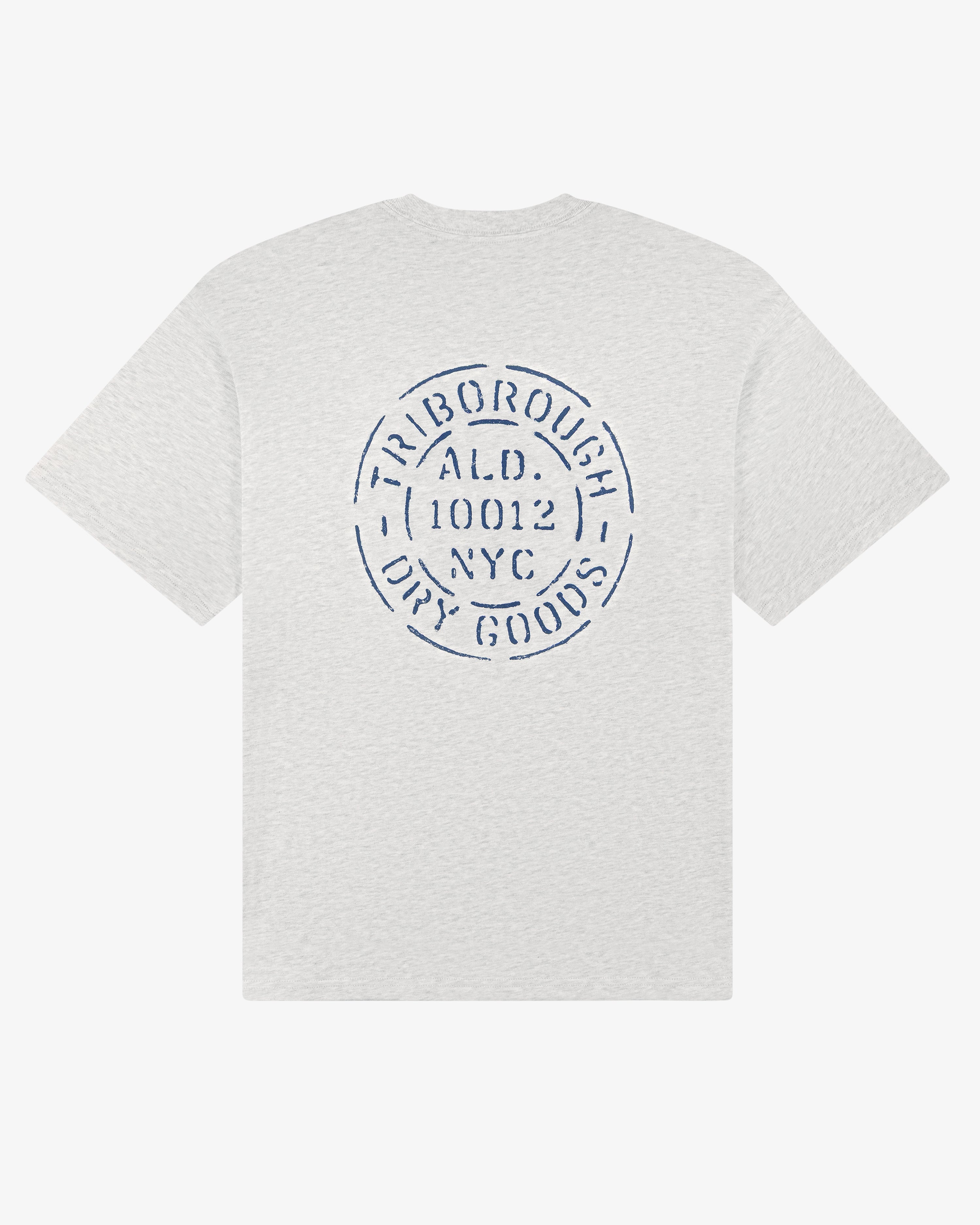 Triborough Dry Goods Pocket Tee in white with blue circular text on back: TRIBOROUGH A.L.D. 10012 NYC DRY GOODS.
