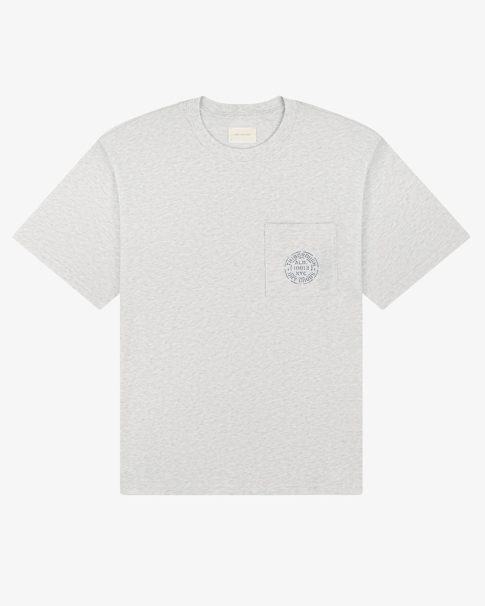 Triborough Dry Goods Pocket Tee in light gray with short sleeves and a small circular logo on the left chest pocket.