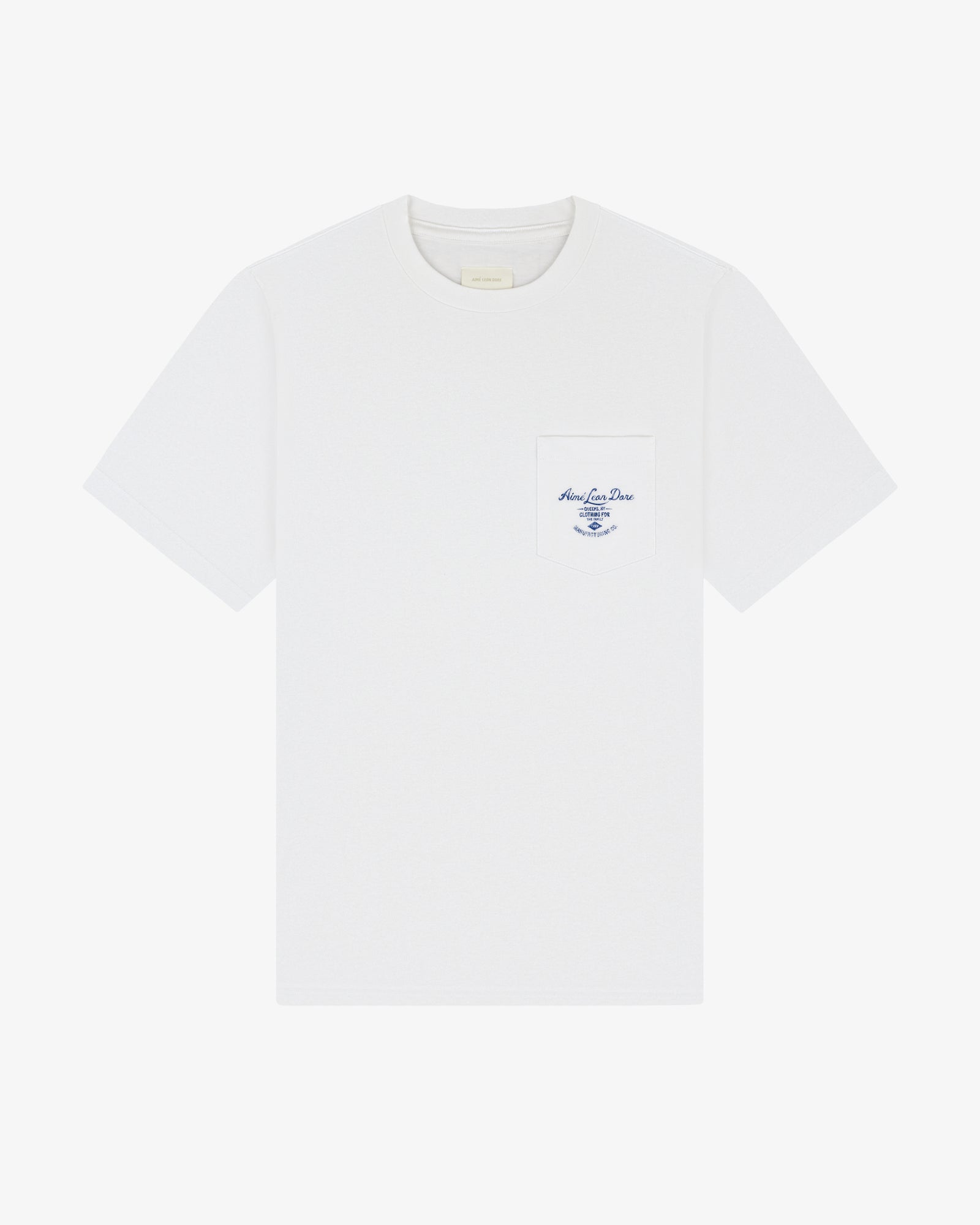 General Store Pocket Tee: white short-sleeve shirt with chest pocket, blue text, and graphic on the pocket.