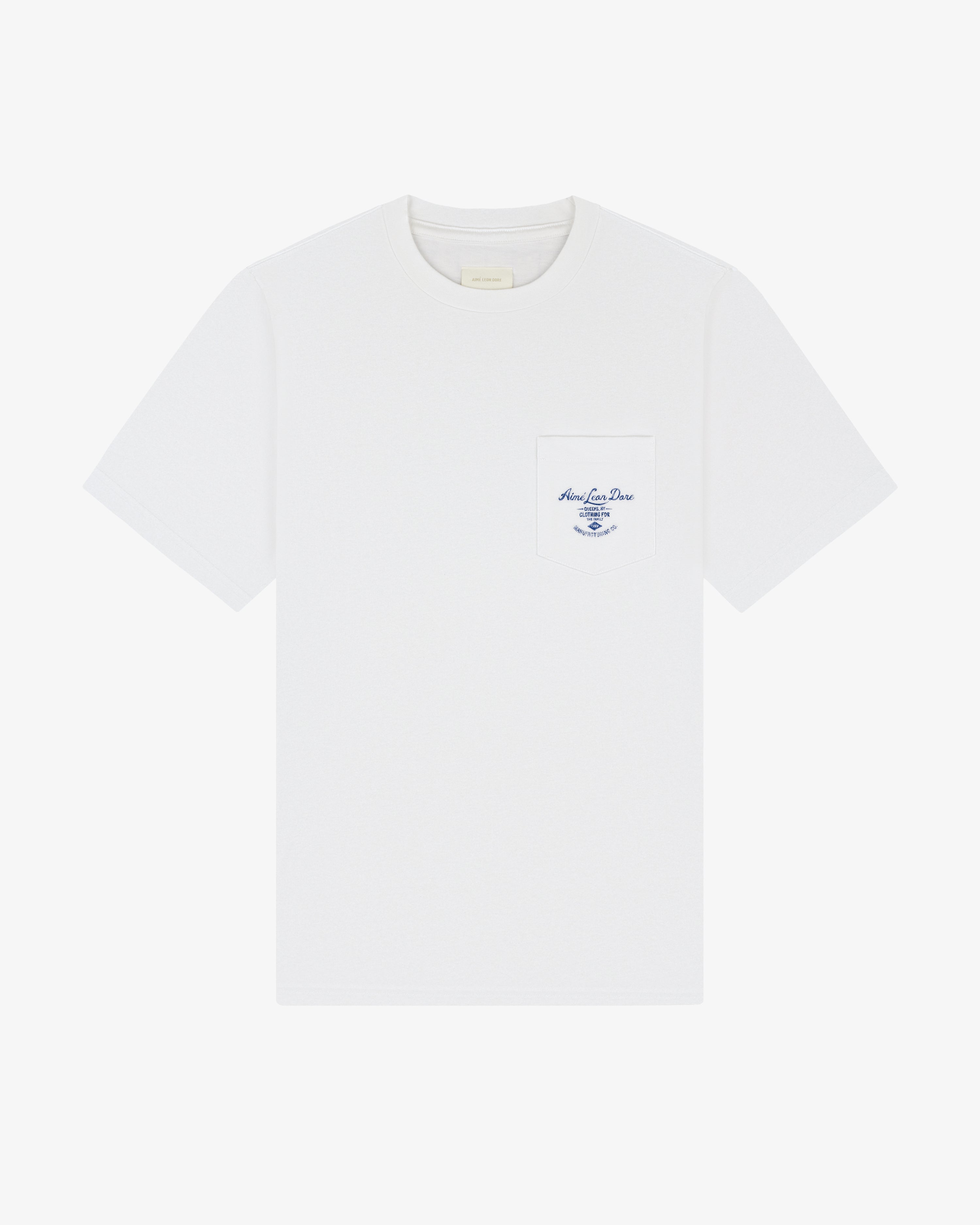 General Store Pocket Tee: white short-sleeve shirt with chest pocket, blue text, and graphic on the pocket.